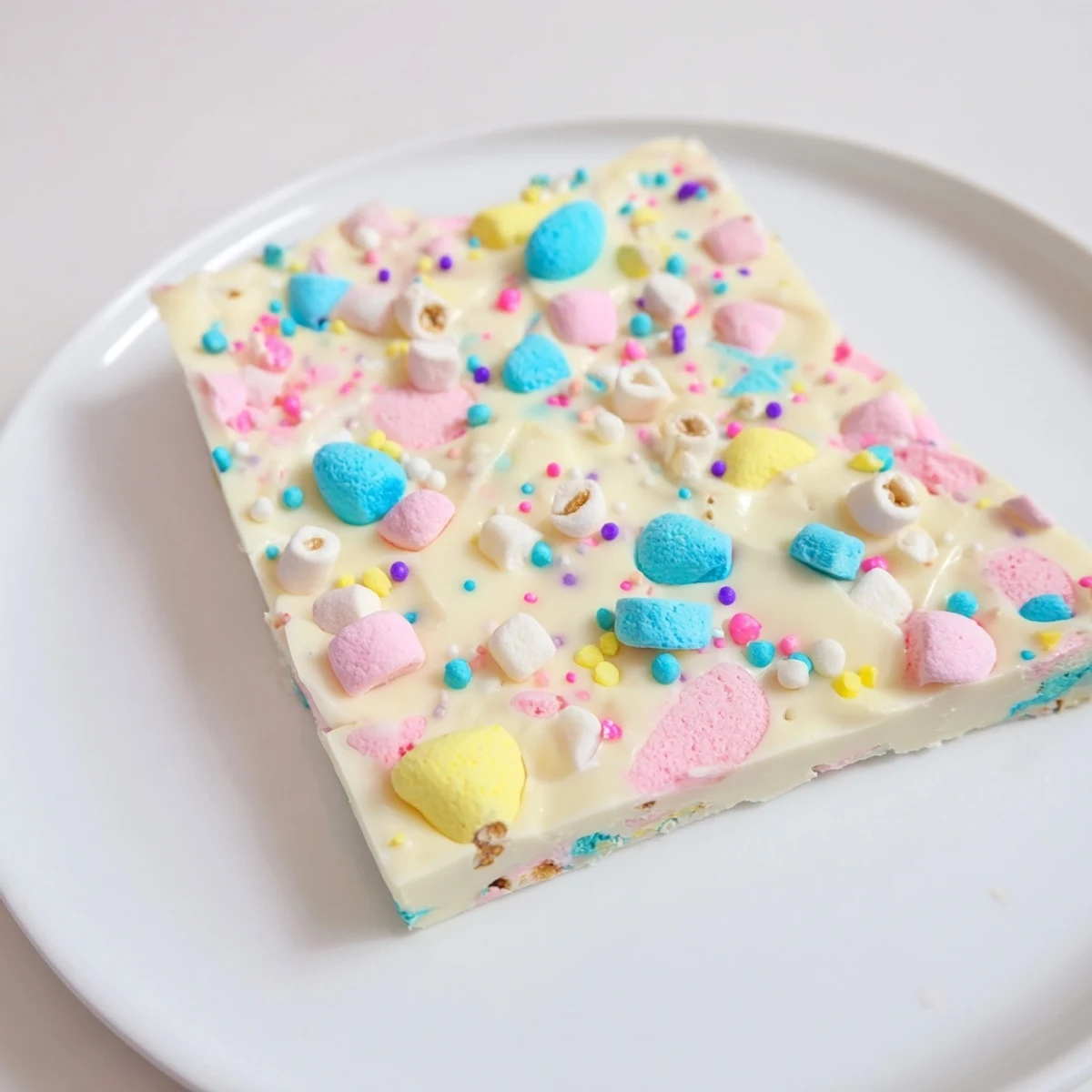 Creamy melted white chocolate folded with mini marshmallows for festive Easter marshmallow bark