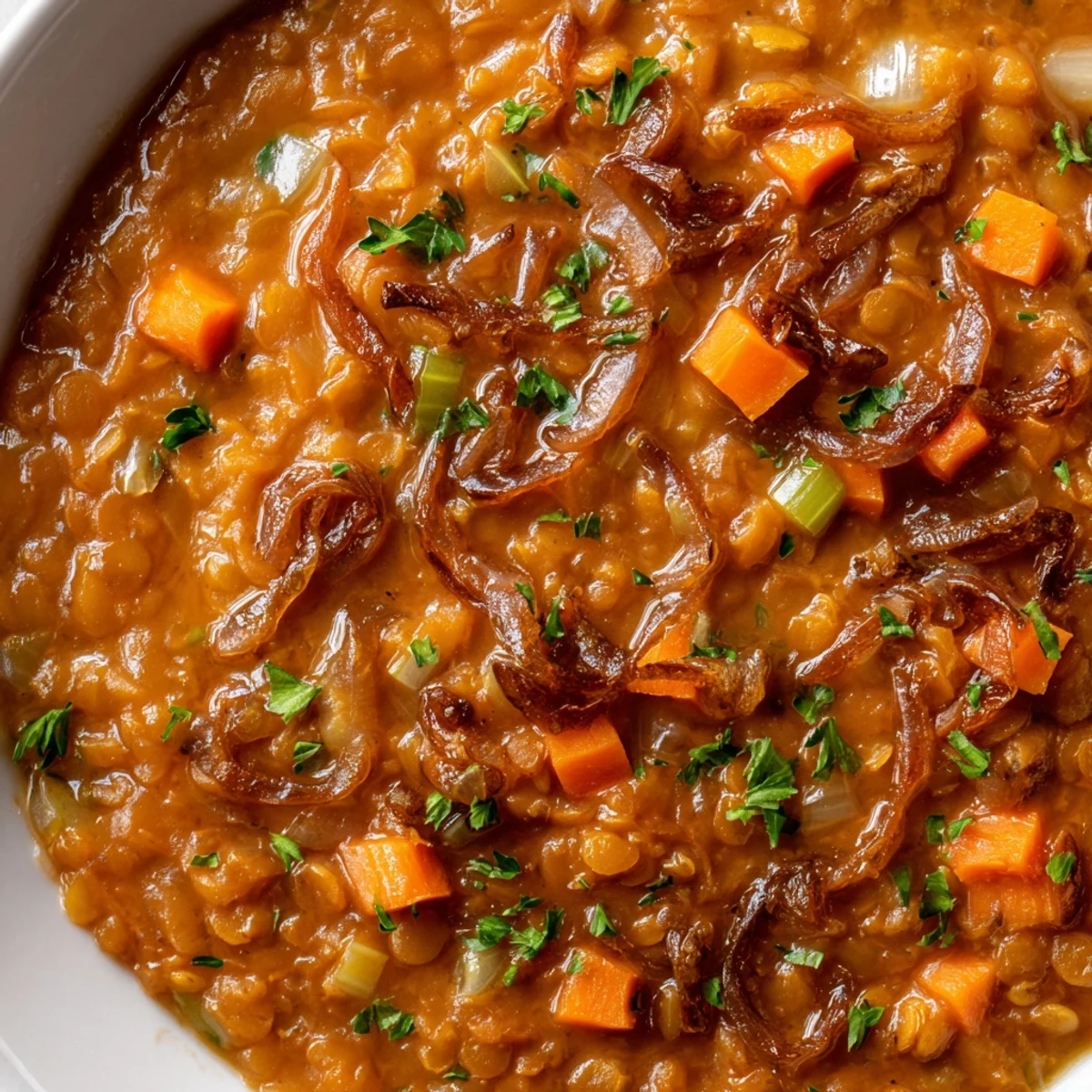 Golden caramelized onion red lentil soup garnished with fresh parsley in a white bowl