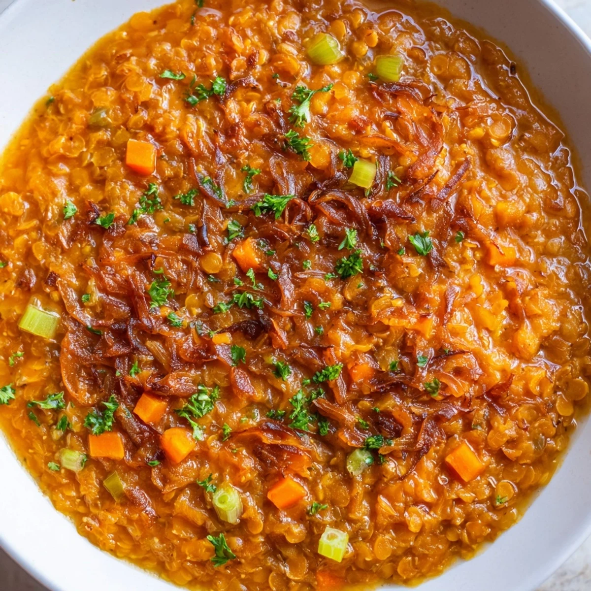 Hearty bowl of caramelized onion red lentil soup with vibrant orange broth and green parsley