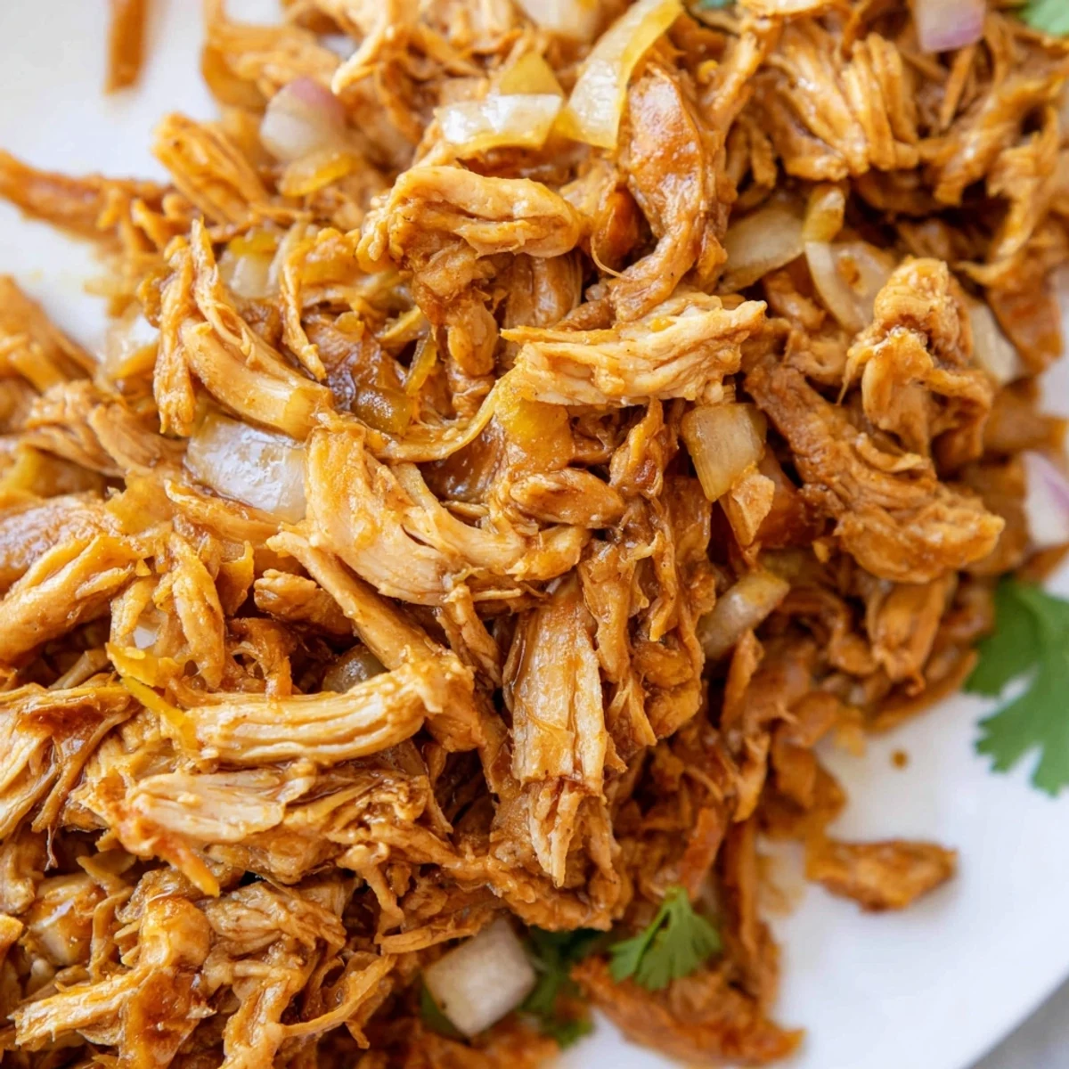 Golden brown shredded vegan carnitas with mushrooms nestled in warm corn tortillas topped with fresh cilantro