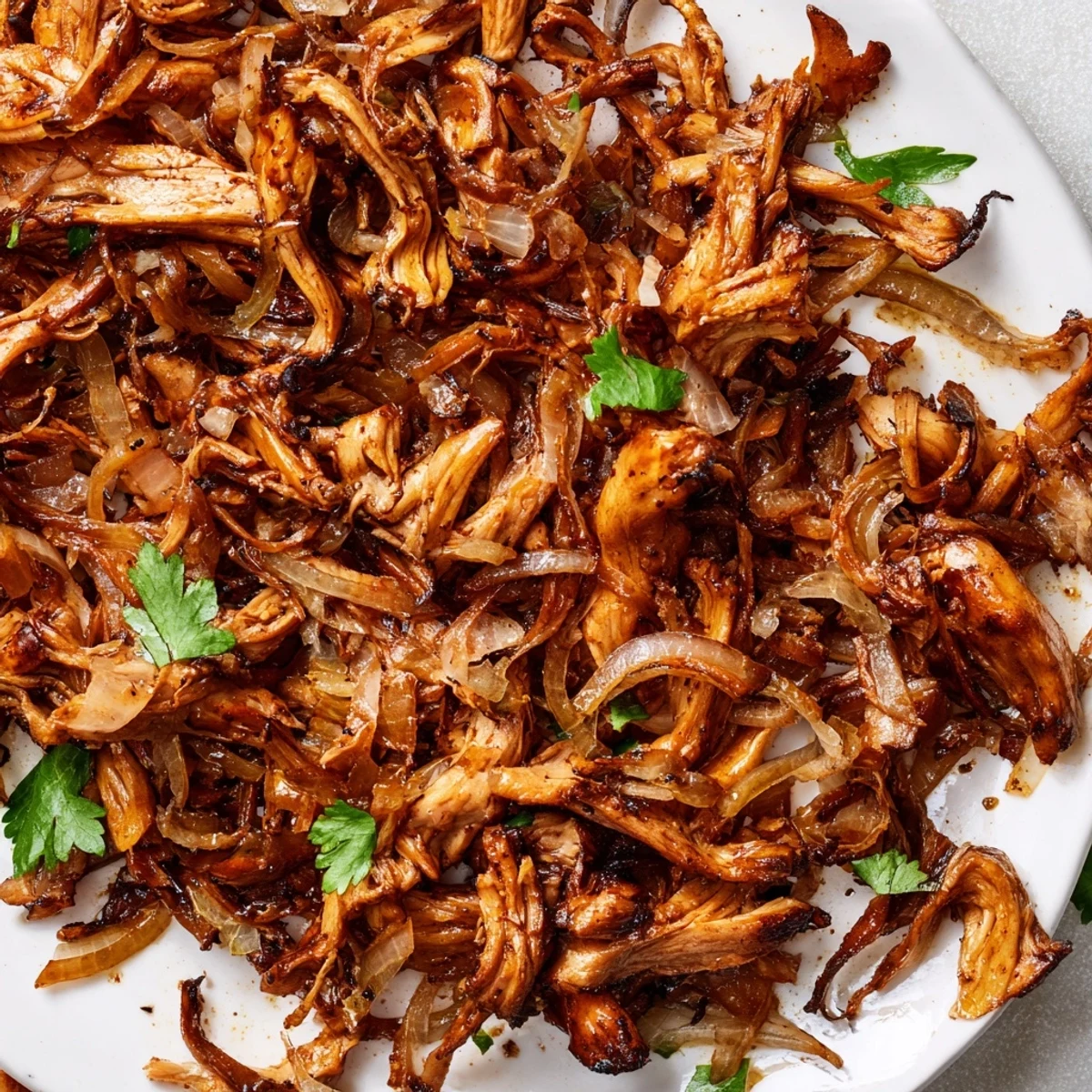 Savory plant-based mushroom carnitas with crispy edges served inside soft tortillas with diced red onion and avocado