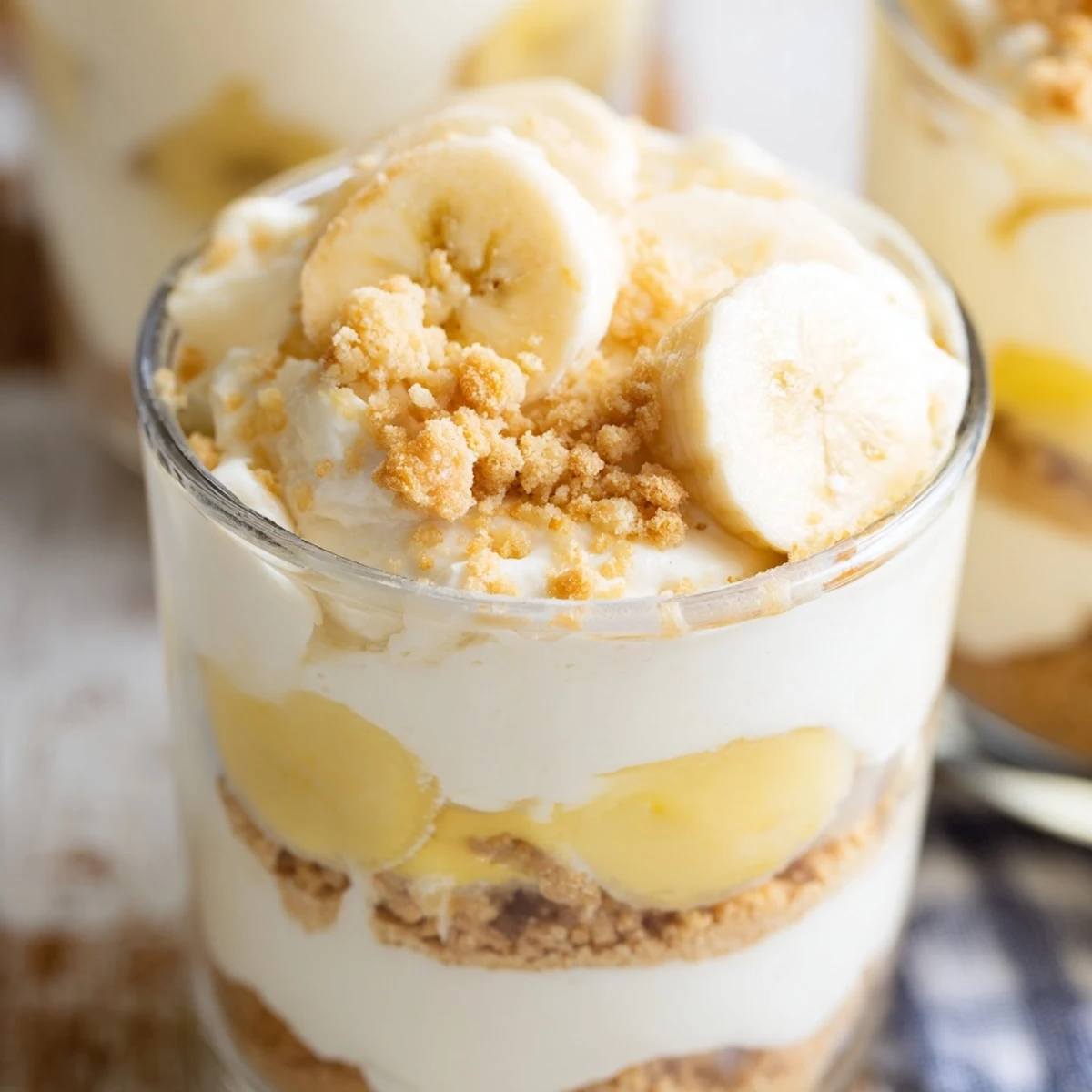 Creamy no bake banana pudding cheesecake cups with layers of vanilla wafer crust