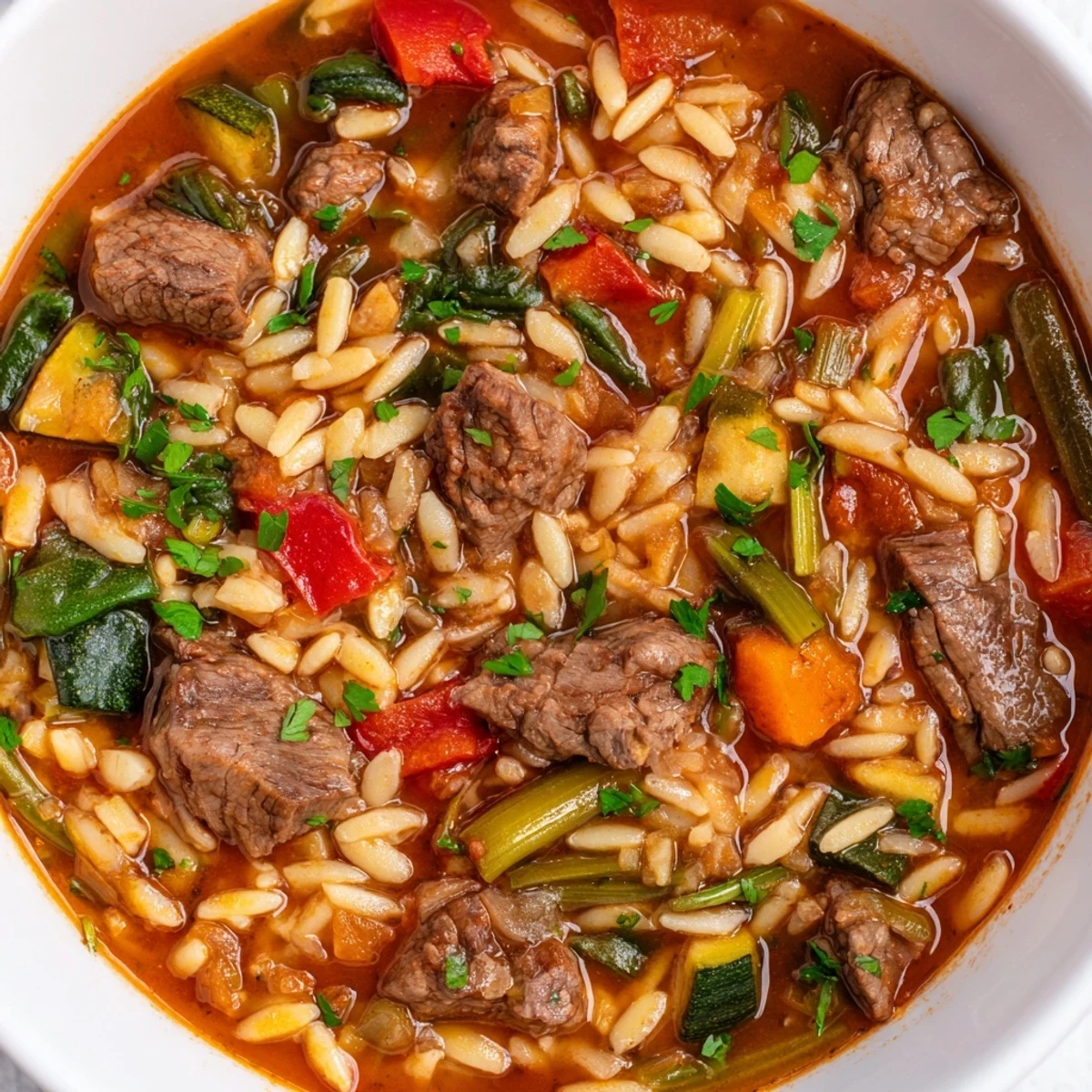 Steaming bowl of hearty beef and orzo soup brimming with colorful fresh vegetables