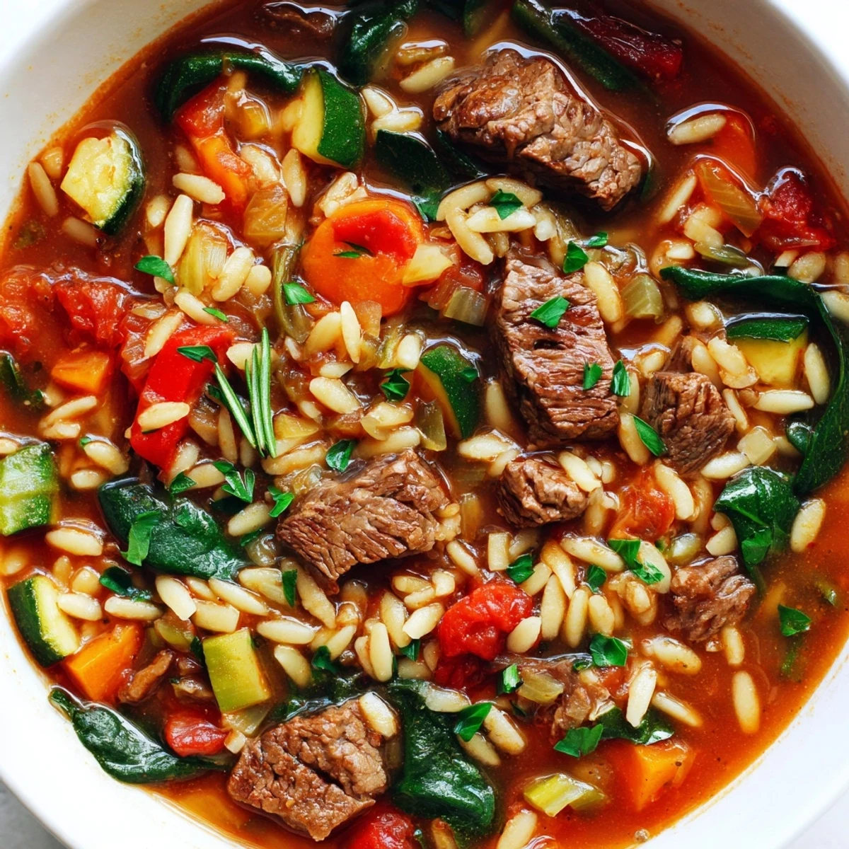Hearty beef and orzo soup with tender meat and garden vegetables in savory broth