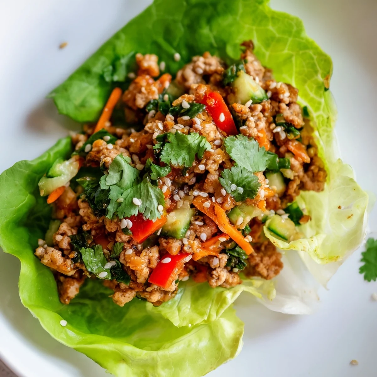 Seasoned ground turkey filling served in crisp lettuce cups with fresh herbs and sesame seeds