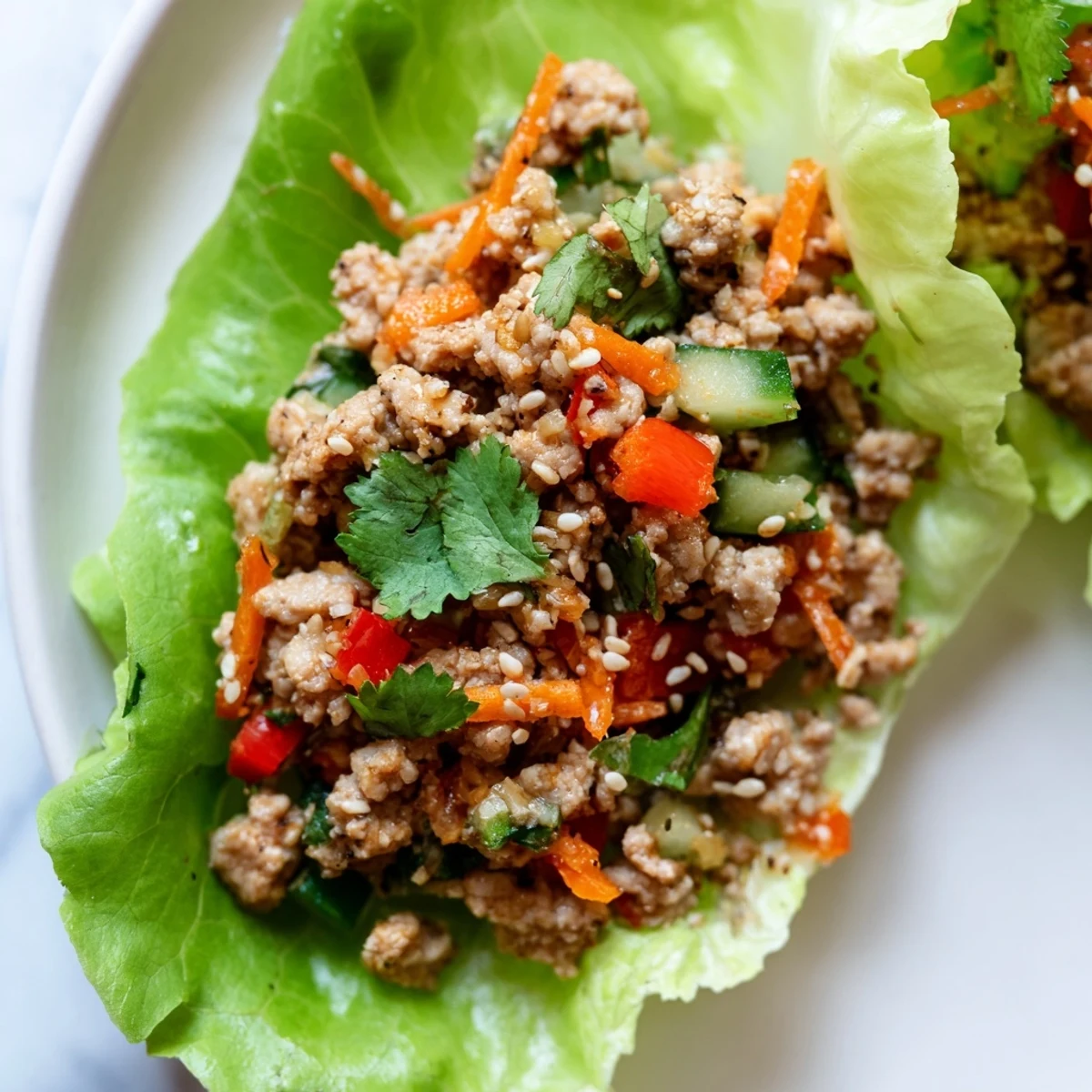Crisp romaine leaves filled with savory ground turkey mixture topped with cilantro and lime