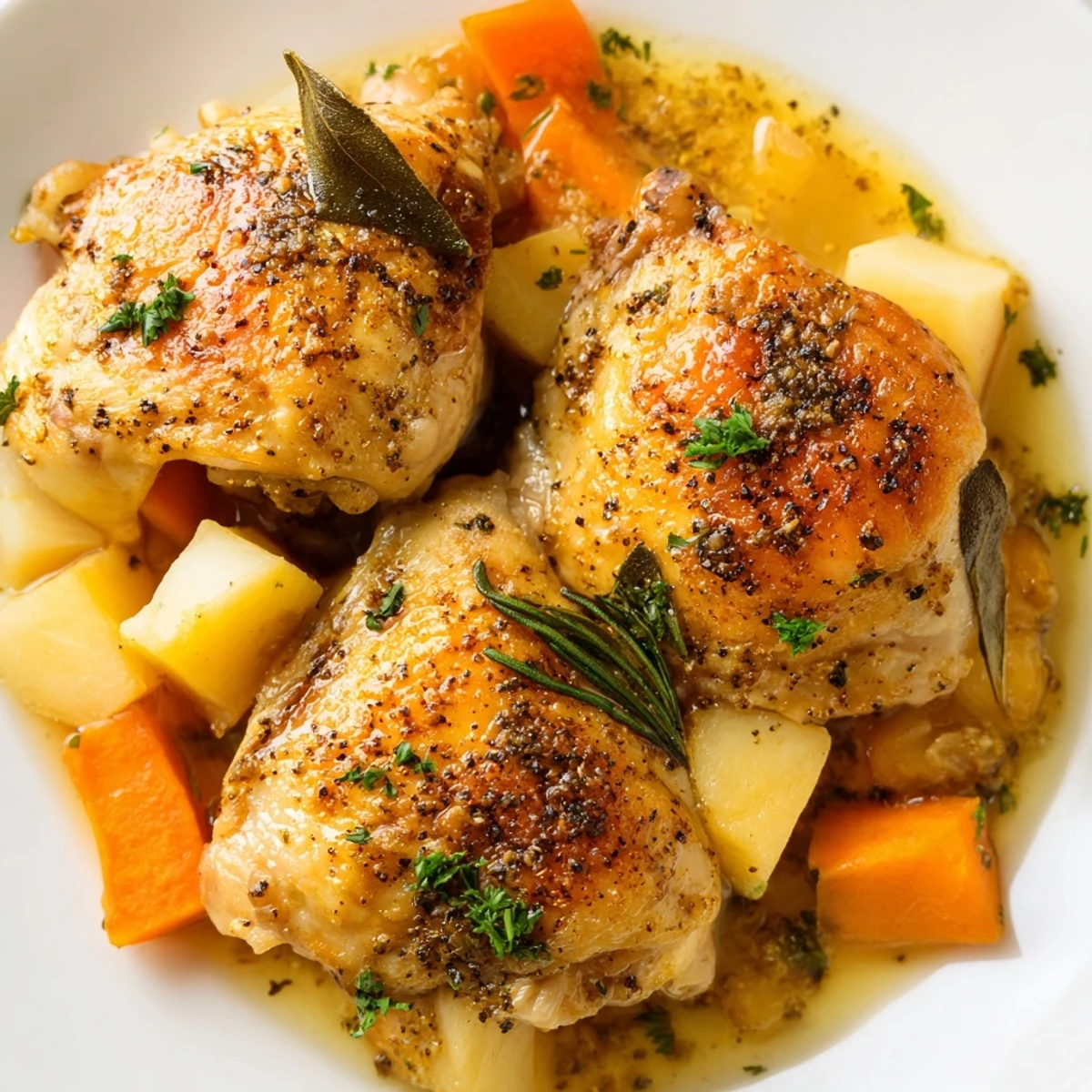 Tender slow cooker chicken dinner with carrots, potatoes, and savory herb sauce in a rustic bowl