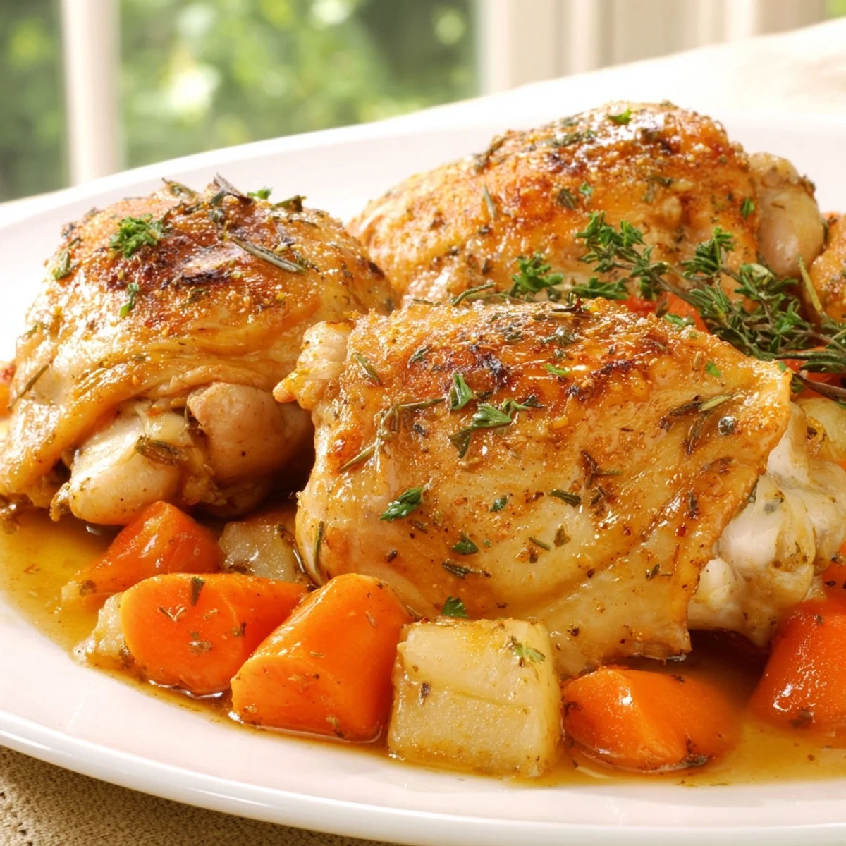 Juicy slow cooker chicken dinner served over tender vegetables with fresh parsley garnish