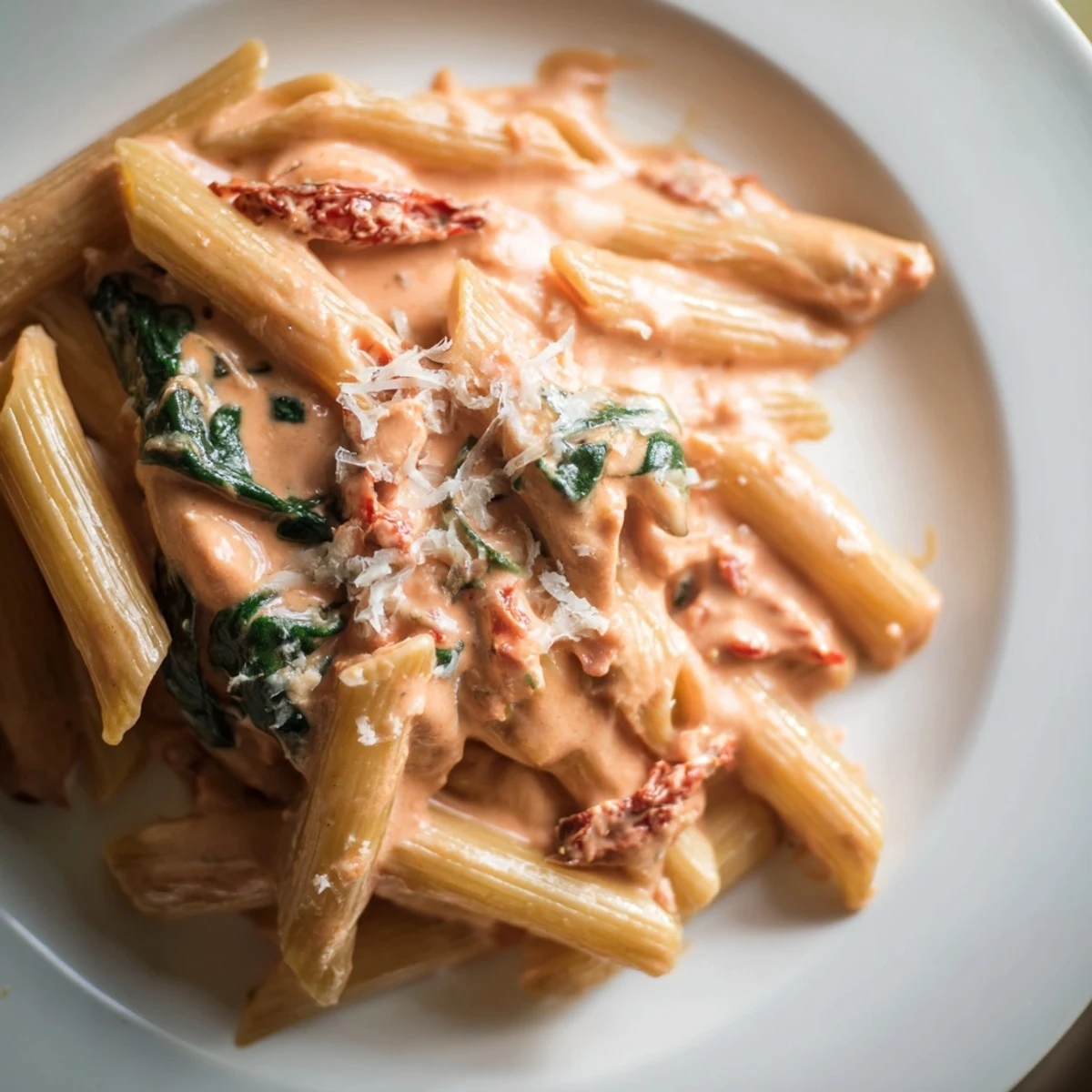 Creamy sun dried tomato spinach pasta in a rustic skillet with glossy sauce and tender noodles