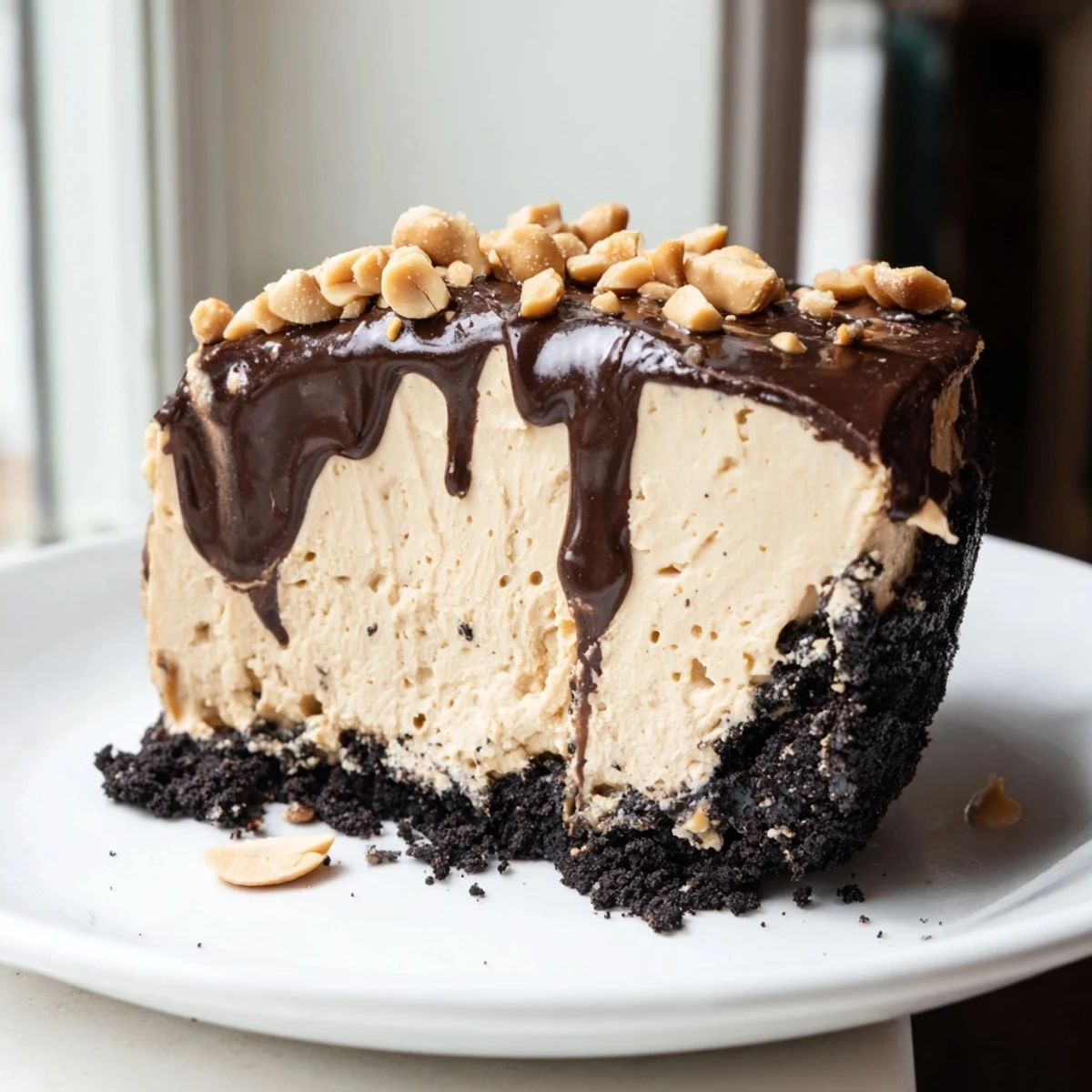 Creamy no bake peanut butter pie sliced and served on a white dessert plate