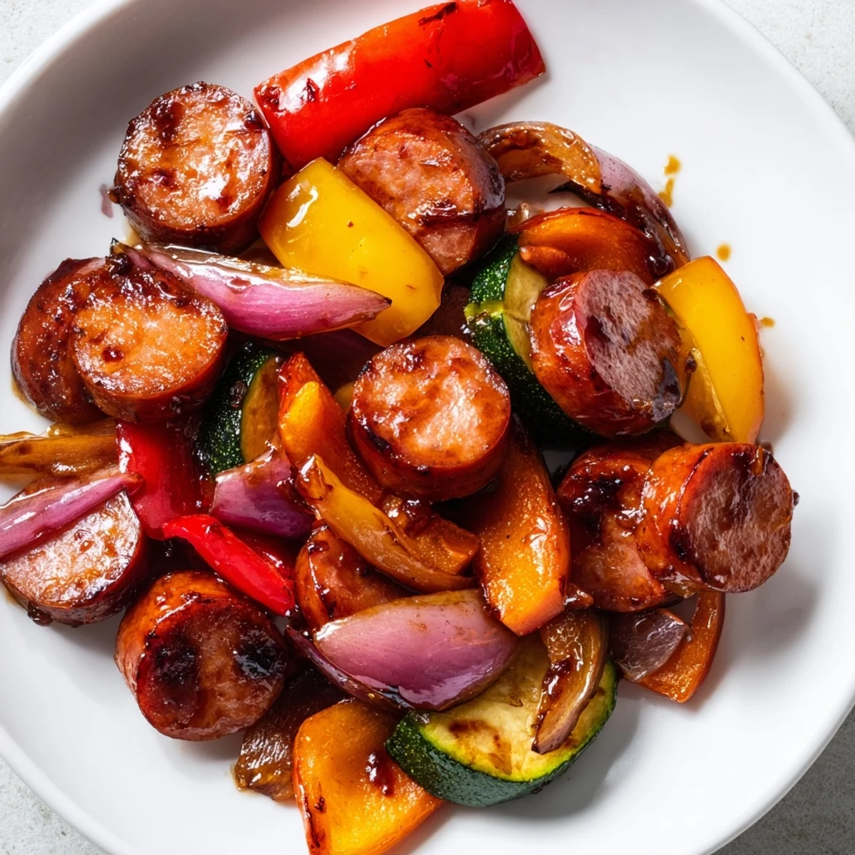 Honey garlic kielbasa veggies glistening with sticky glaze in a cast iron skillet