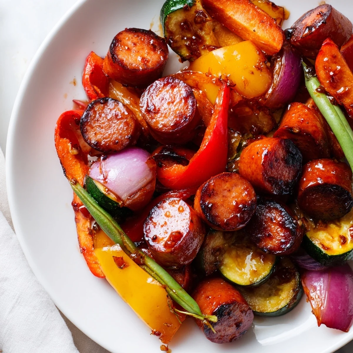 Colorful honey garlic kielbasa veggies with tender crisp peppers and golden sausage slices