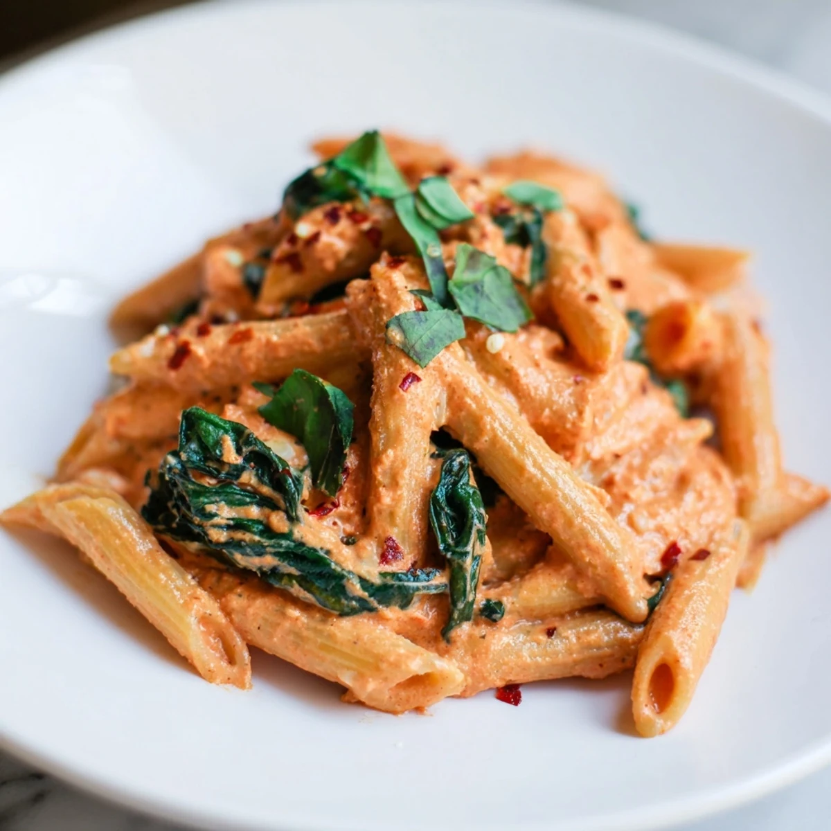 Creamy sun dried tomato vegan pasta in a skillet with wilted spinach and fresh basil garnish