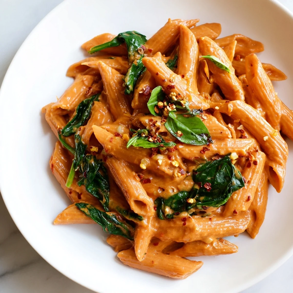 A bowl of creamy sun dried tomato vegan pasta topped with torn basil leaves