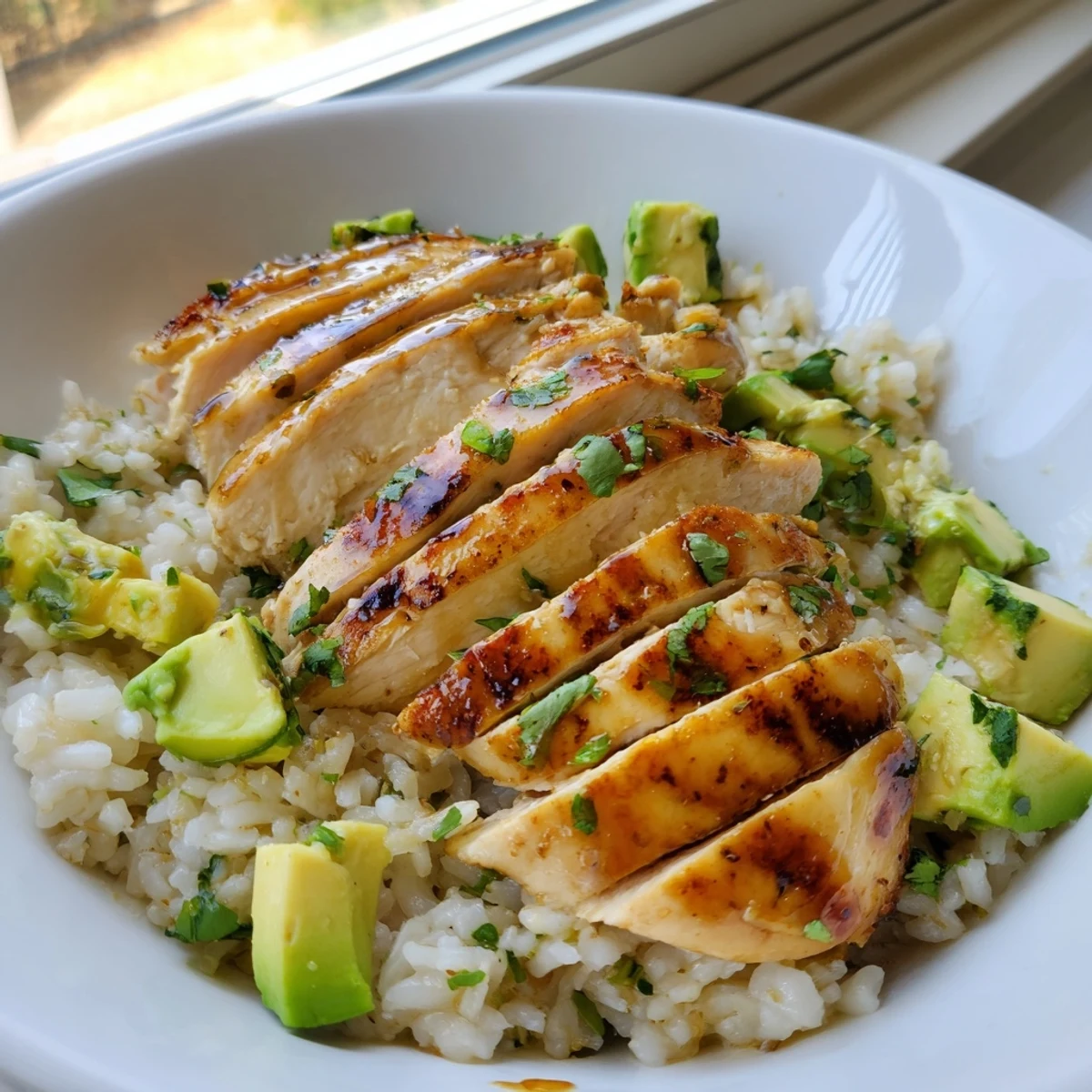 Golden honey lime chicken sliced over creamy avocado rice with fresh cilantro garnish