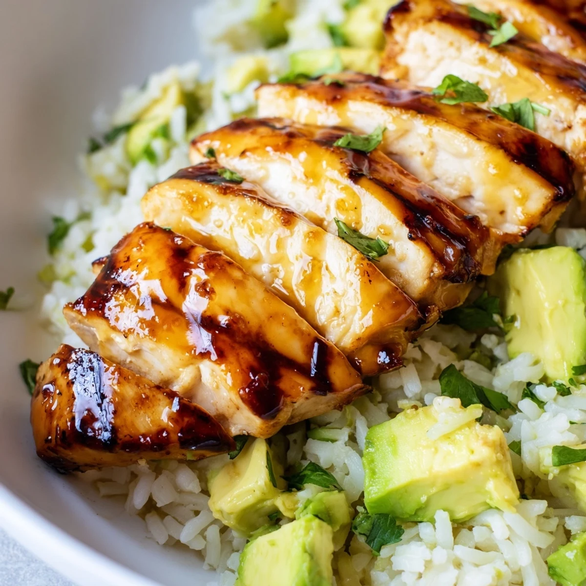 Juicy honey lime chicken served alongside fluffy green avocado rice studded with herbs