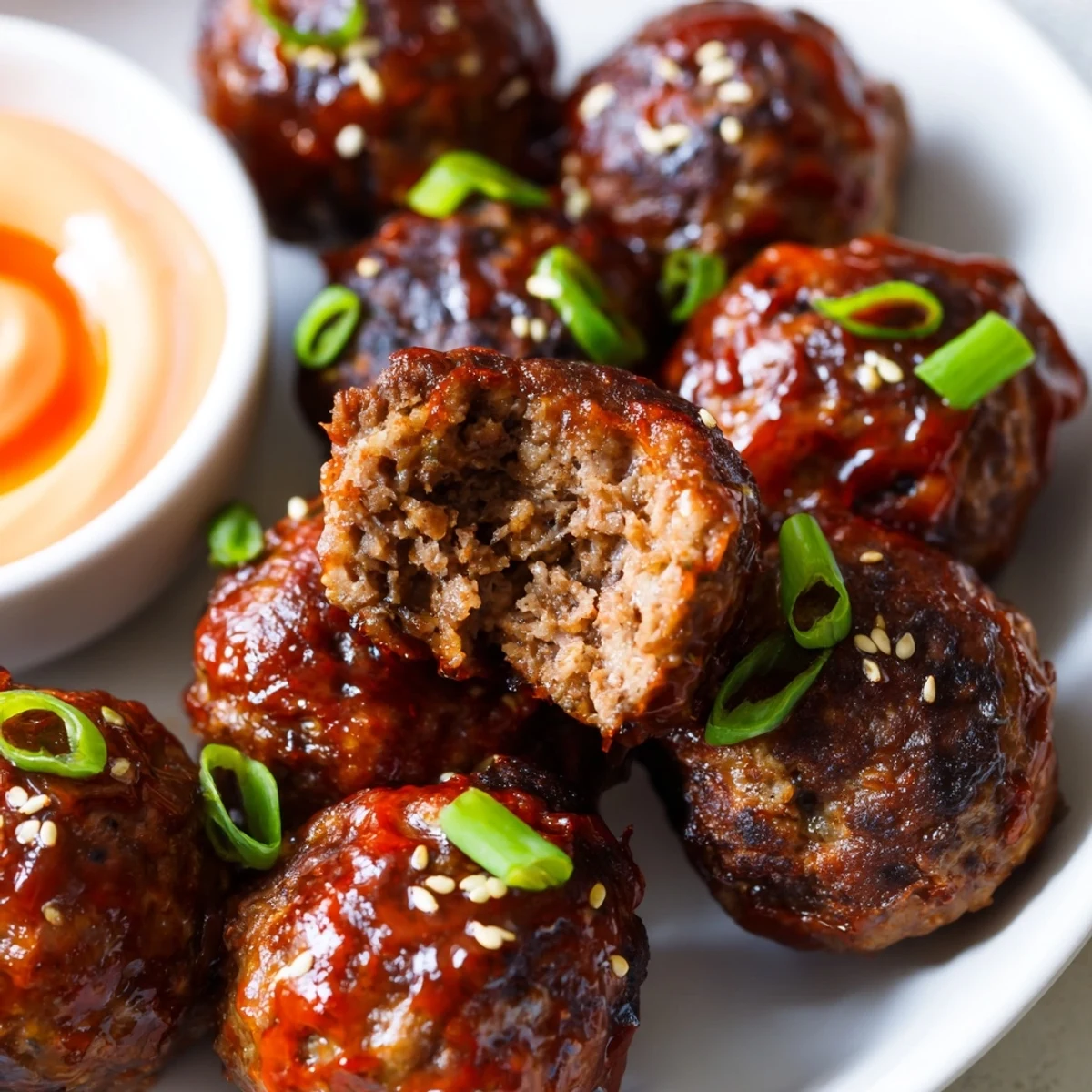 Golden Korean BBQ meatballs with spicy mayo dip garnished with sesame seeds and scallions