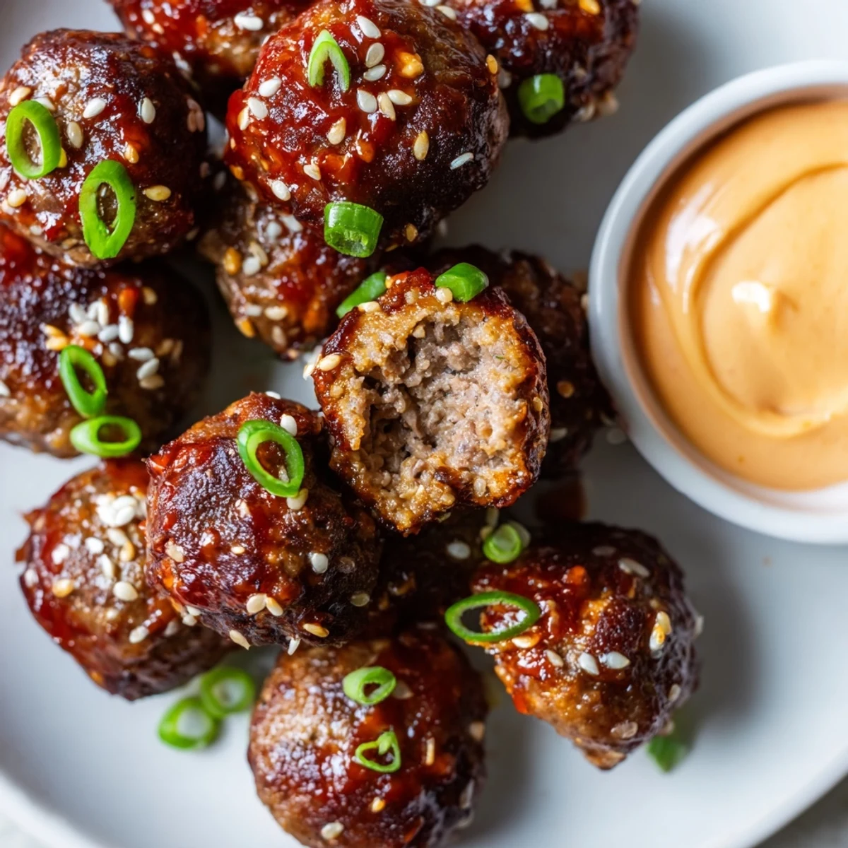 Crispy baked Korean BBQ meatballs arranged on a platter beside creamy sriracha mayo sauce