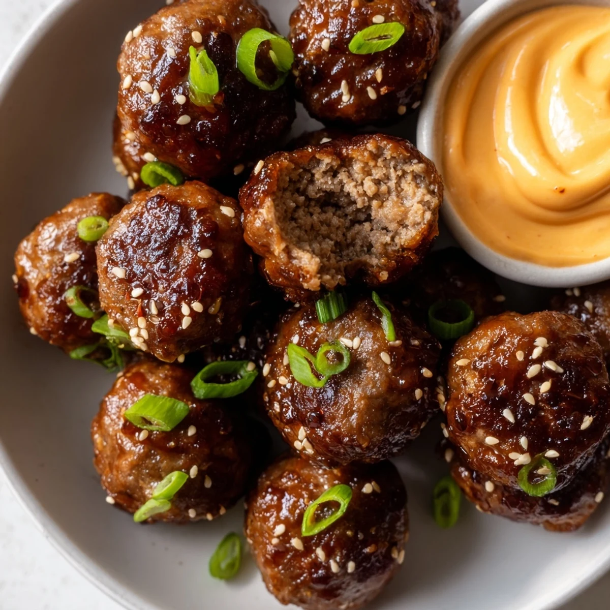 Juicy caramelized Korean BBQ meatballs topped with green onions served with a bold spicy mayo dip
