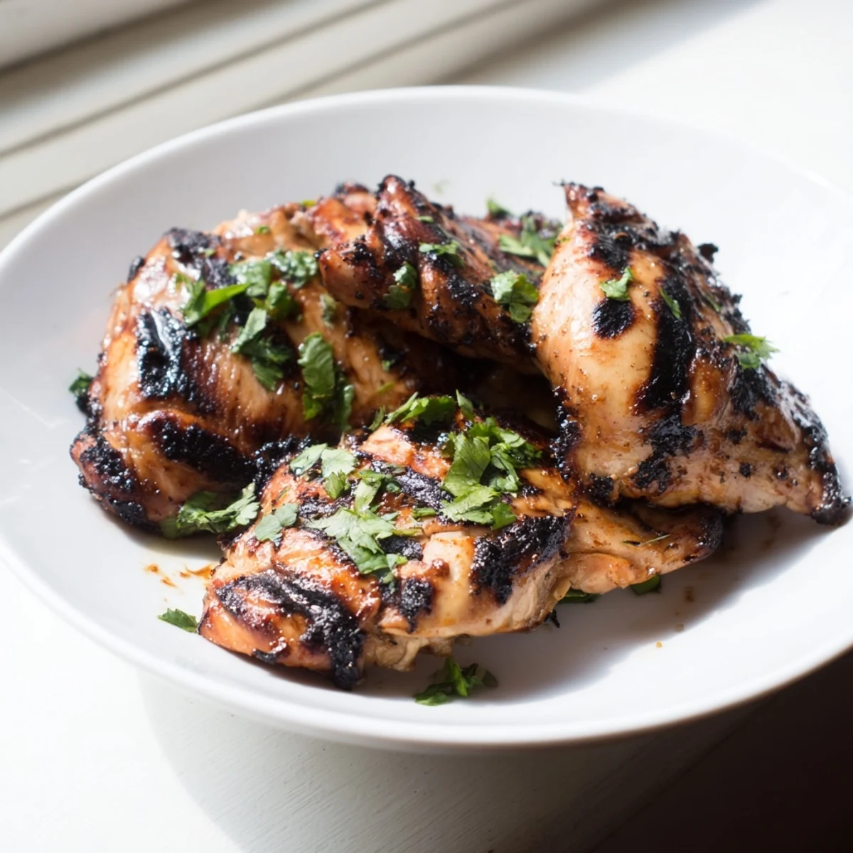 Grilled Vietnamese Chicken with golden char marks resting on a white plate