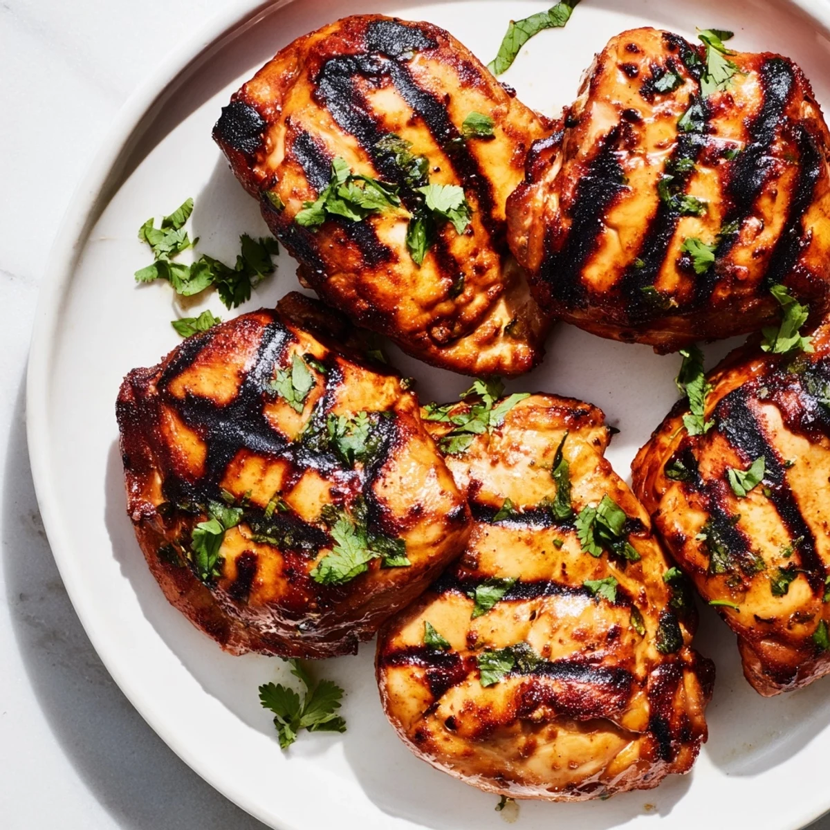 Juicy Grilled Vietnamese Chicken sliced and garnished with fresh cilantro and lime