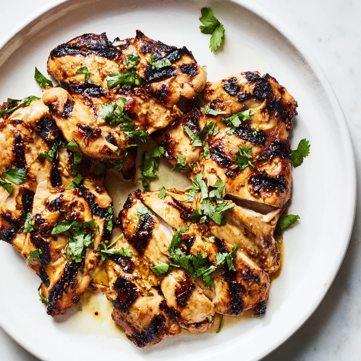 Grilled Vietnamese Chicken thighs with caramelized edges served alongside crisp cucumber slices