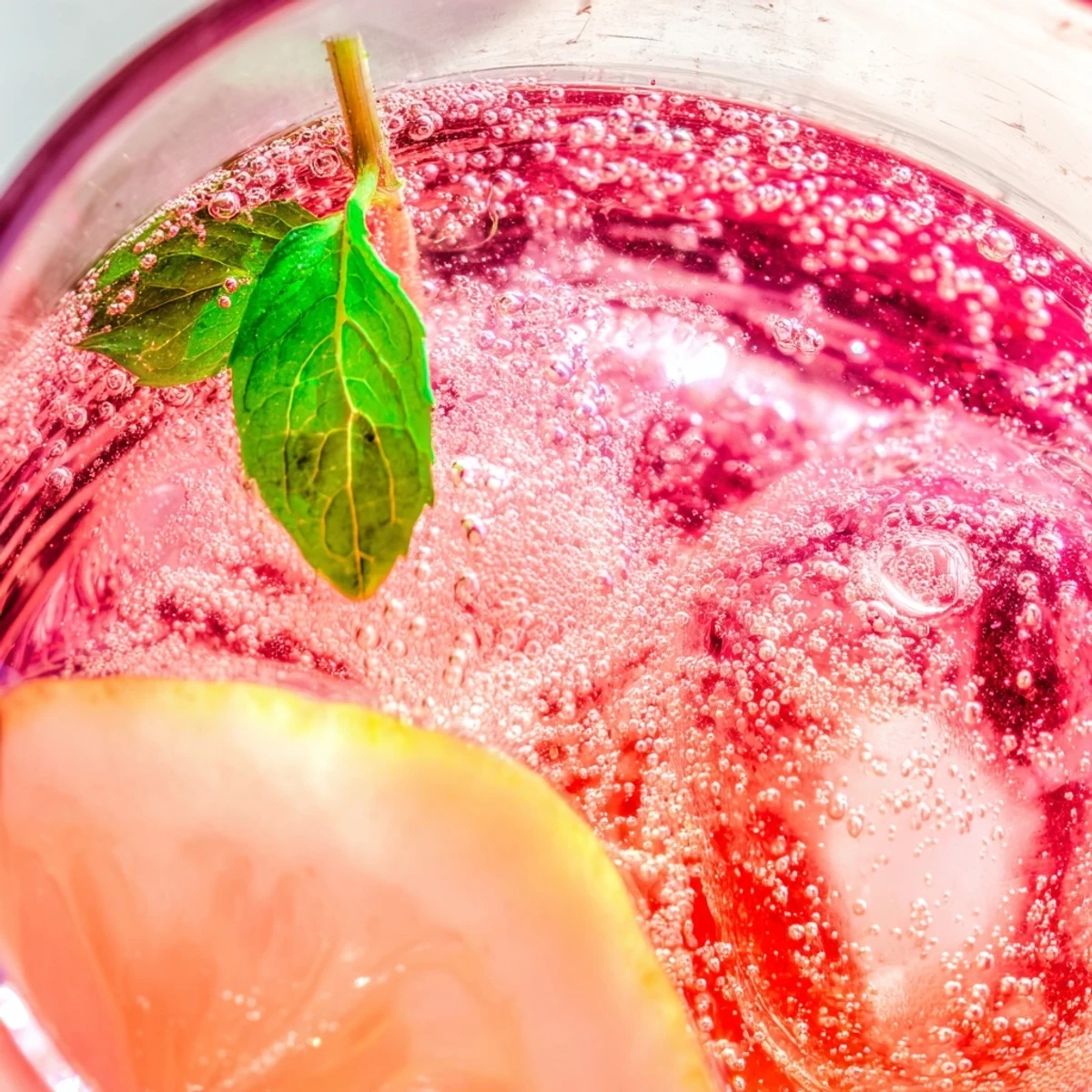 Tall glasses of honey lemon pink soda garnished with lemon slices on a sunny patio