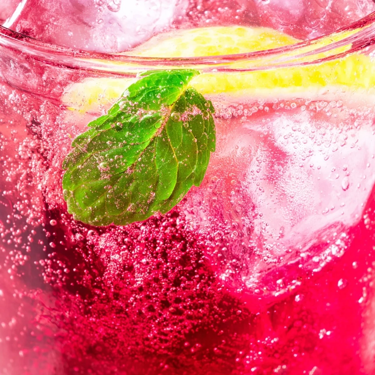 Bubbly honey lemon pink soda poured over ice with fresh mint garnish