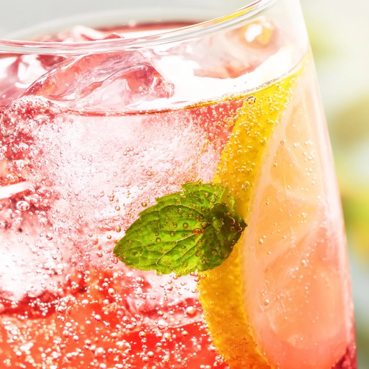 Sparkling honey lemon pink soda in a chilled glass with cranberry color