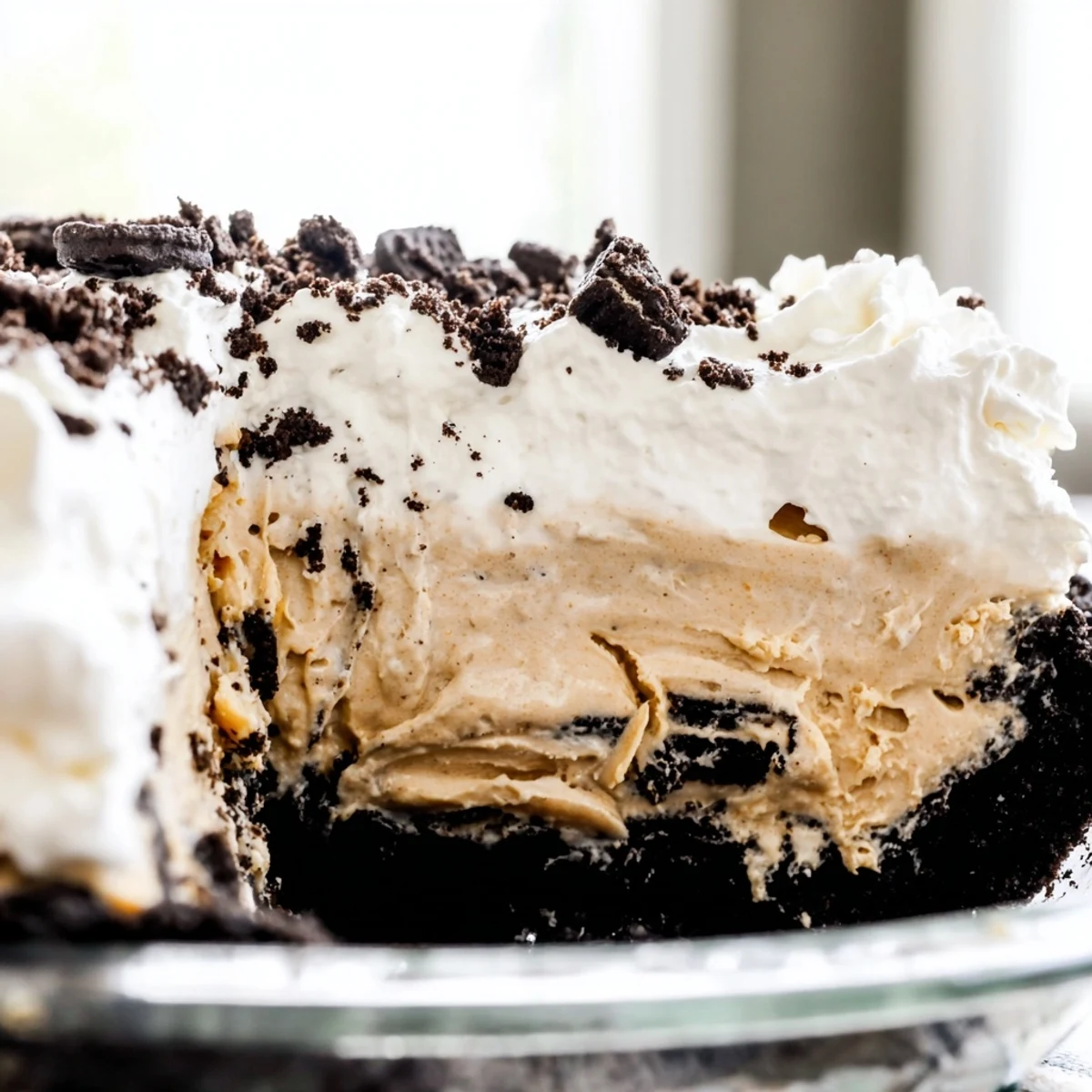 Creamy peanut butter Oreo pie sliced thick with fluffy whipped cream topping