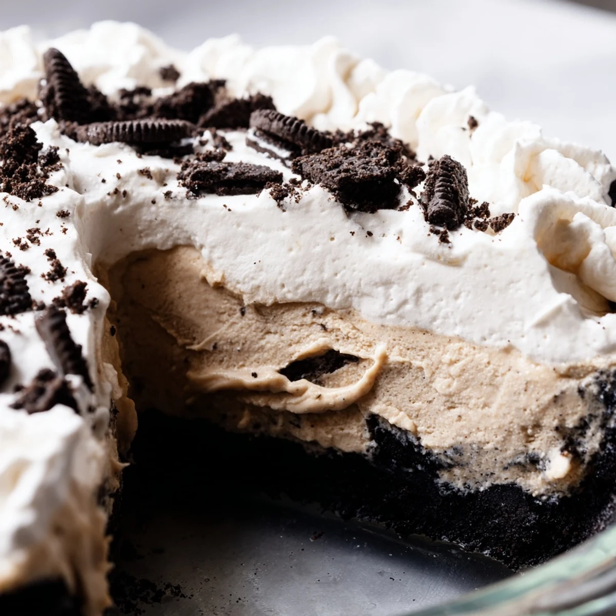 Rich peanut butter Oreo pie in a dark chocolate cookie crust close-up