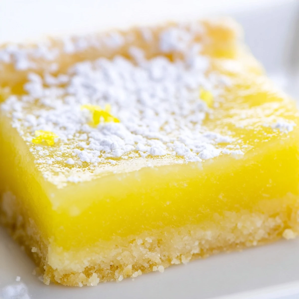 Golden lemon bars with powdered sugar dusted on a buttery shortbread crust