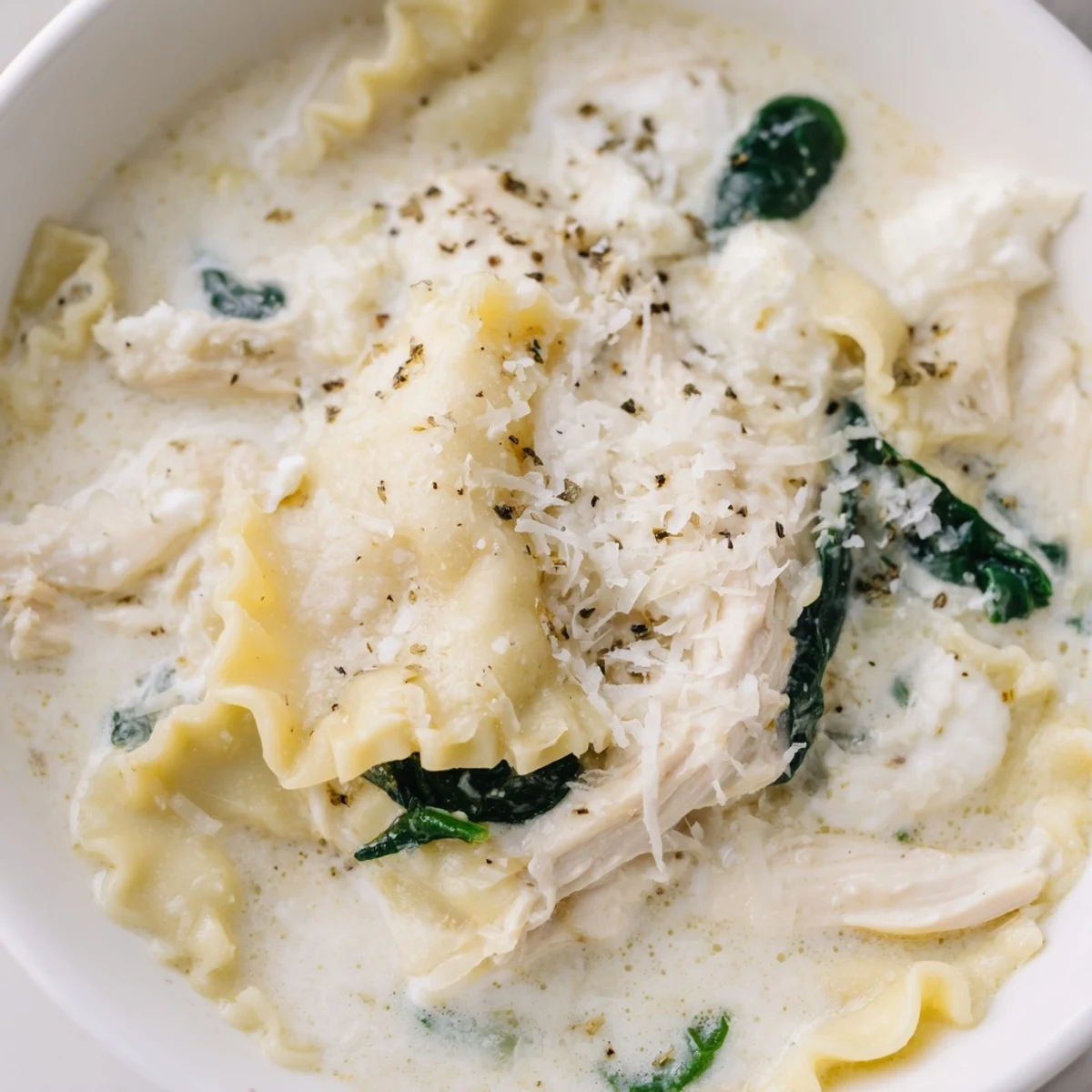 Steaming bowl of white lasagna soup topped with grated Parmesan, served with crusty garlic bread alongside