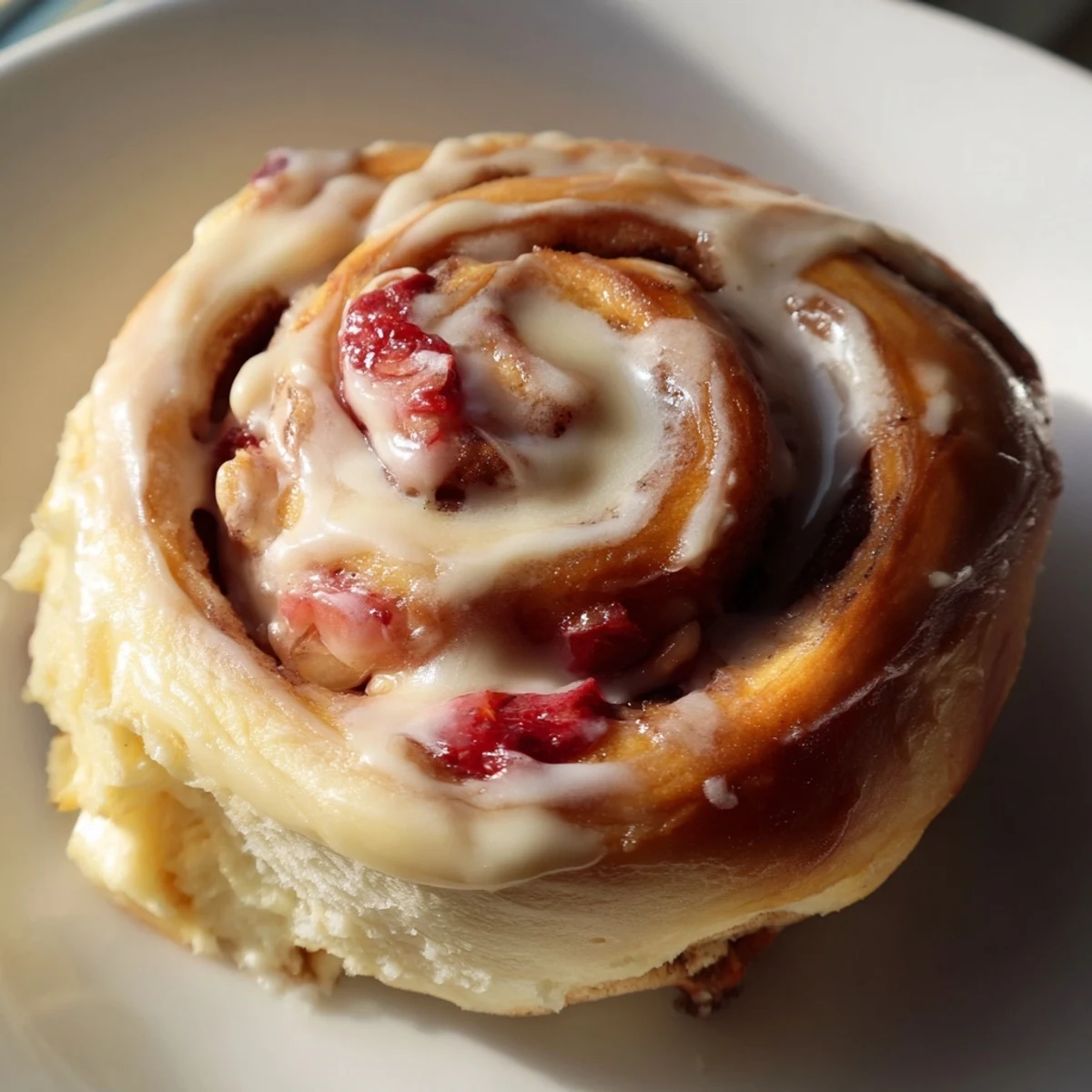 Golden Strawberry Cheesecake Cinnabon Rolls drizzled with creamy vanilla glaze on white plate