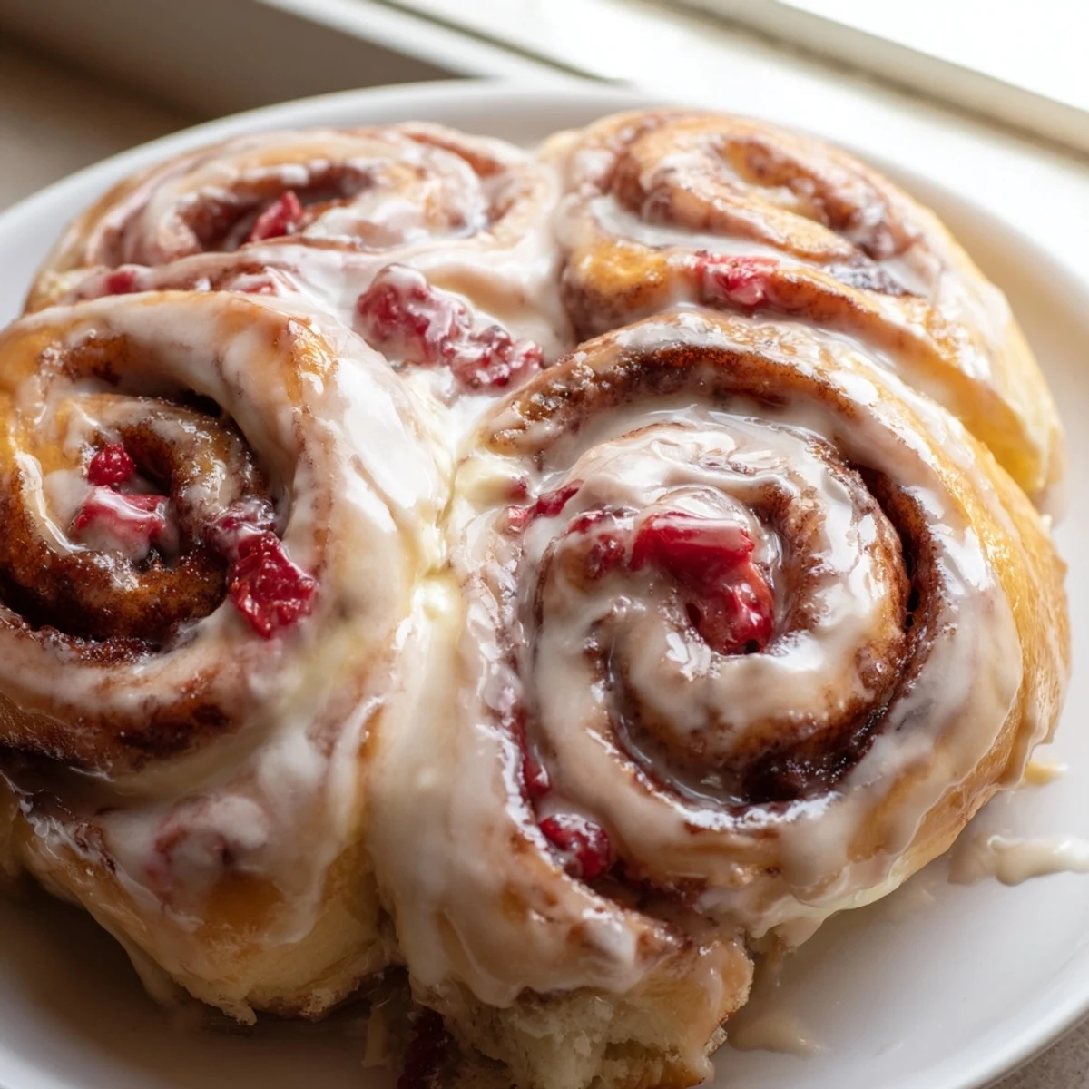 Swirled Strawberry Cheesecake Cinnabon Rolls topped with luscious glaze and fresh berry garnish