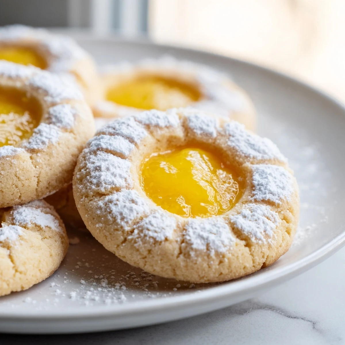 Golden lemon curd cookies with bright yellow filling on a rustic white plate