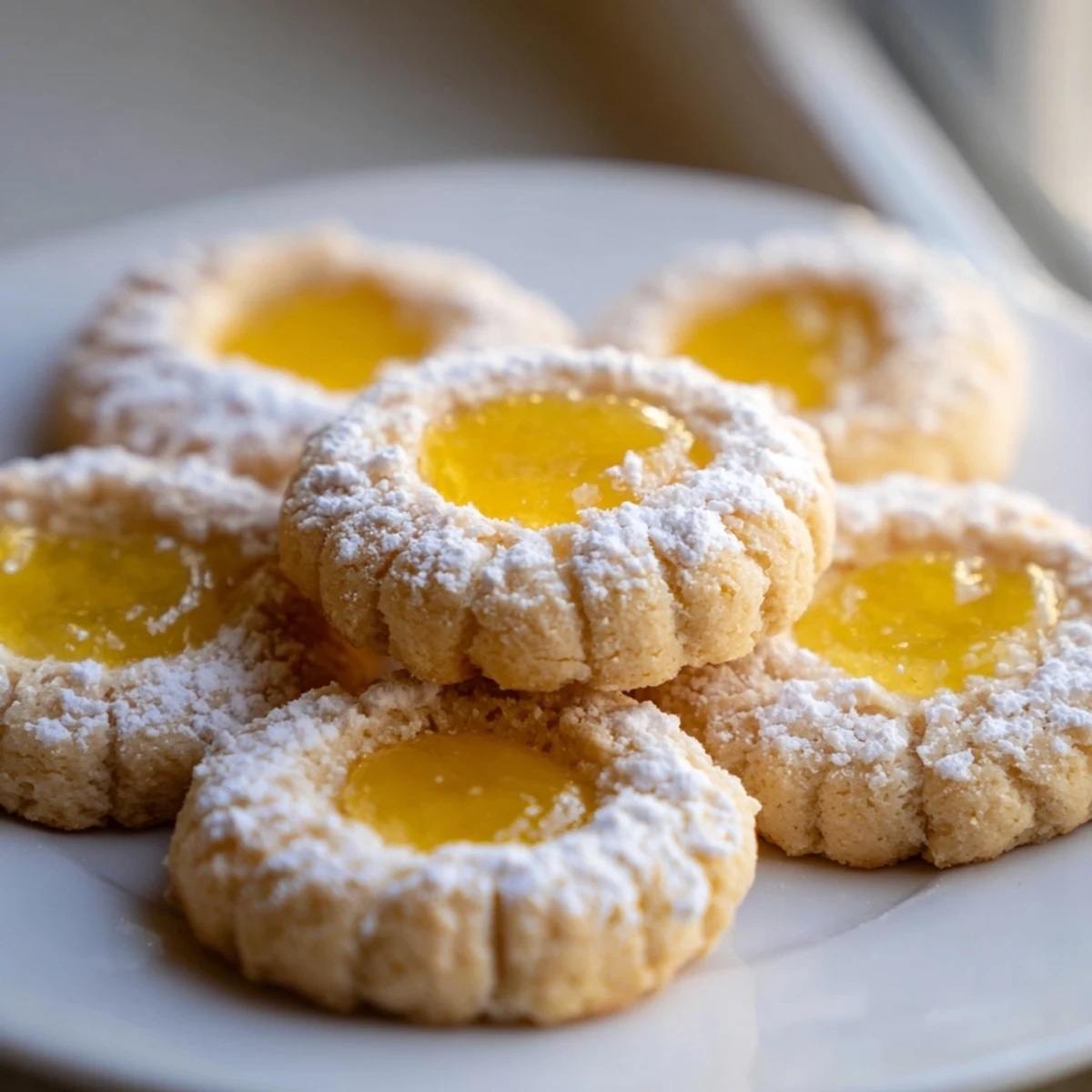 Buttery lemon curd cookies dusted with powdered sugar ready for dessert serving