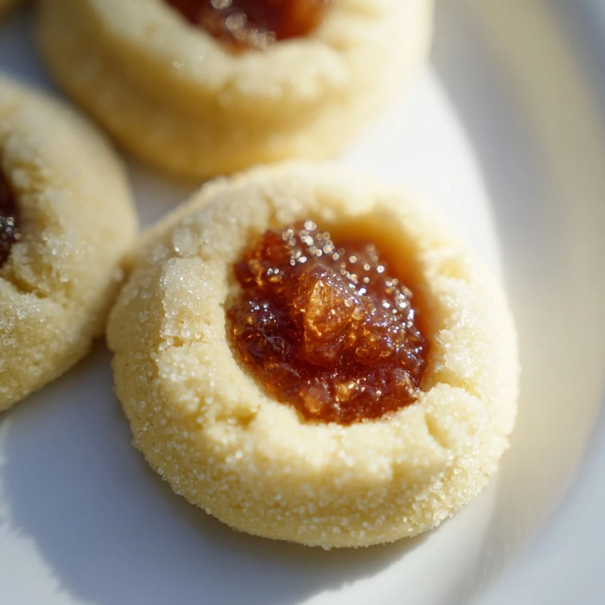 Golden Flower Jam Thumbprint Cookies with jewel-like centers on a rustic white plate
