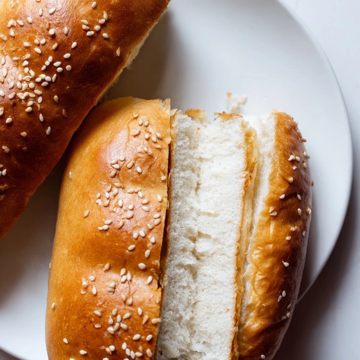 Golden sourdough discard hot dog buns fresh from the oven with sesame seed topping