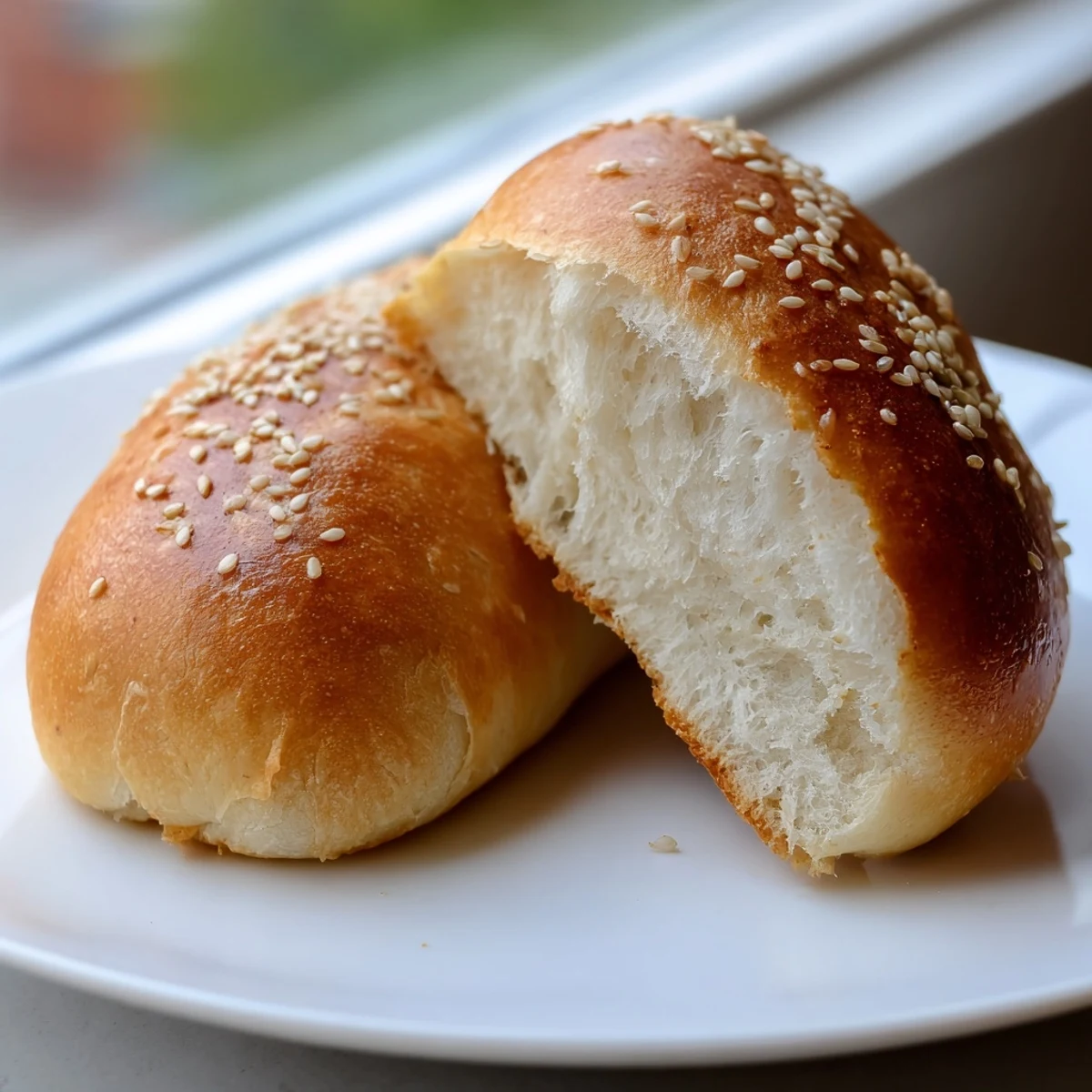 Soft homemade sourdough discard hot dog buns arranged on a wooden cutting board for serving