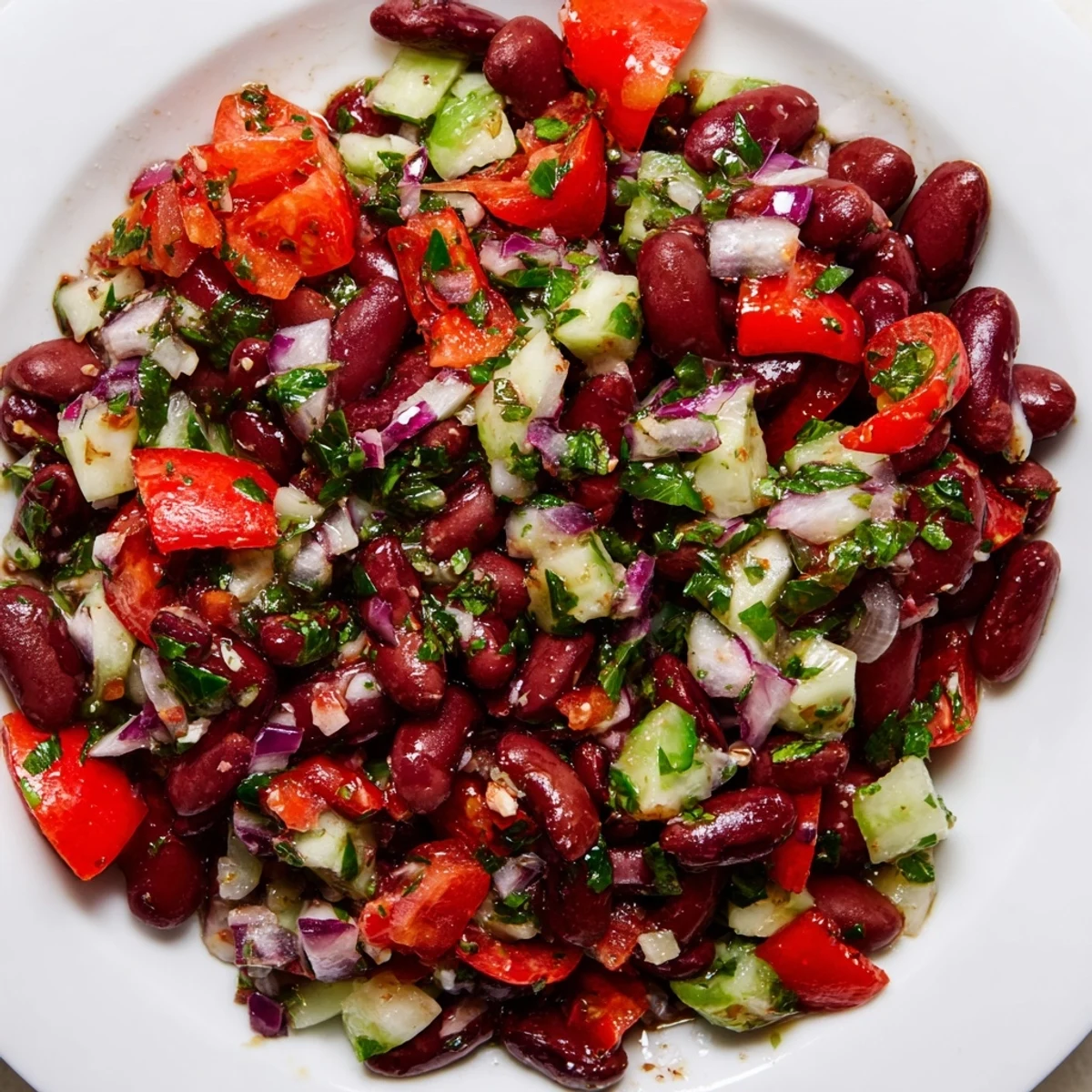 Kidney bean salad topped with diced bell peppers and tangy vinaigrette dressing
