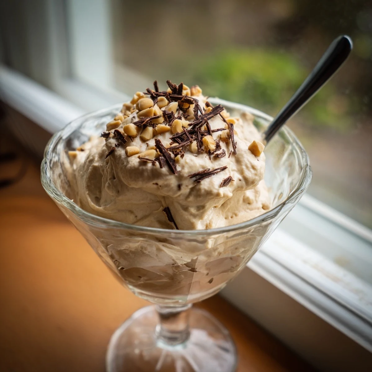 Creamy peanut butter and Cool Whip mousse topped with chocolate shavings in glass cups