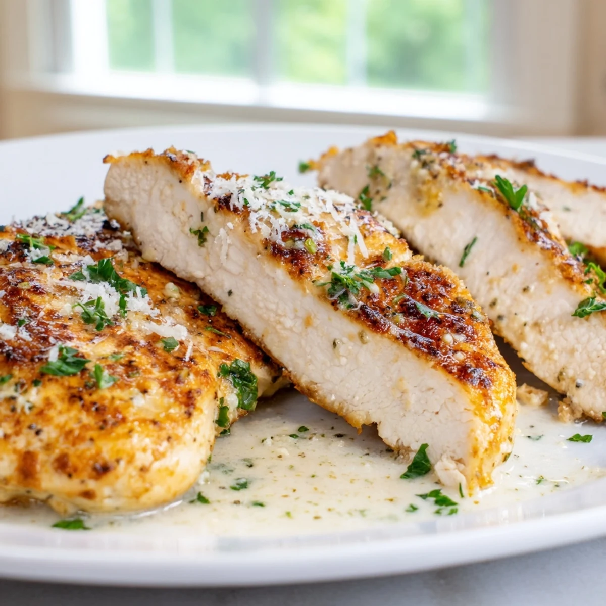 Golden creamy garlic chicken breasts smothered in rich Parmesan sauce with fresh parsley garnish