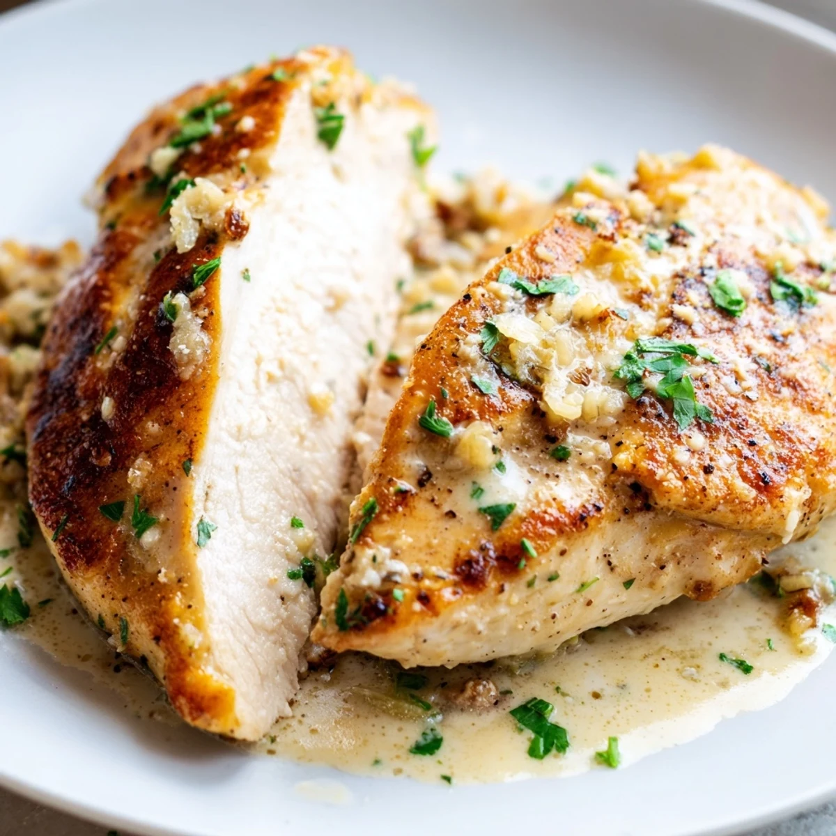 Tender creamy garlic chicken in velvety white sauce served on a white plate