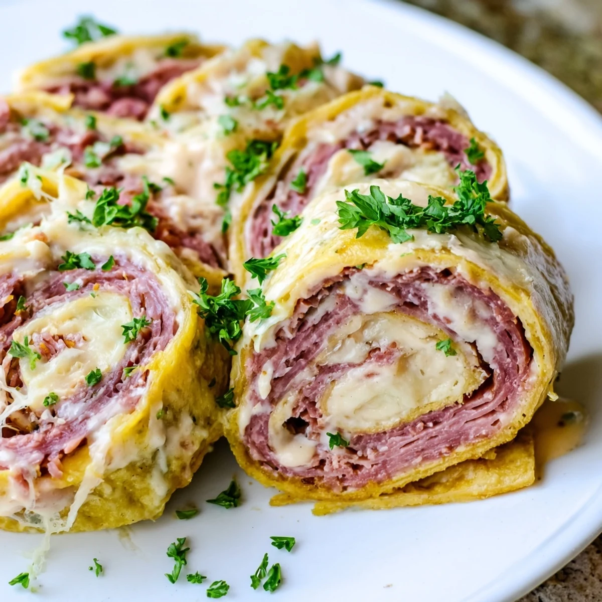 Golden Low Carb Reuben Egg Roll Ups filled with melty Swiss cheese and savory corned beef