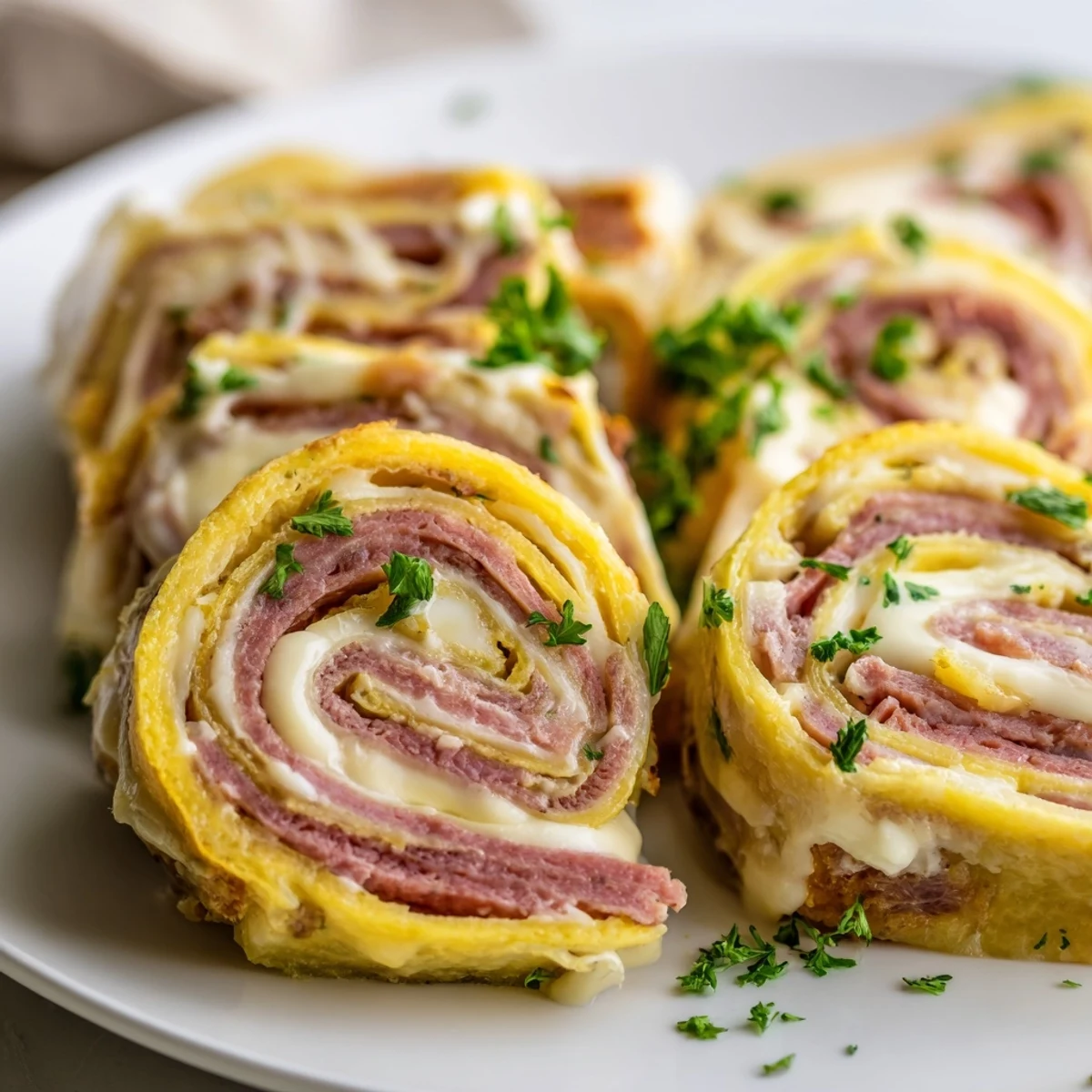Tender egg wraps stuffed with tangy sauerkraut and corned beef in this Low Carb Reuben Egg Roll Ups