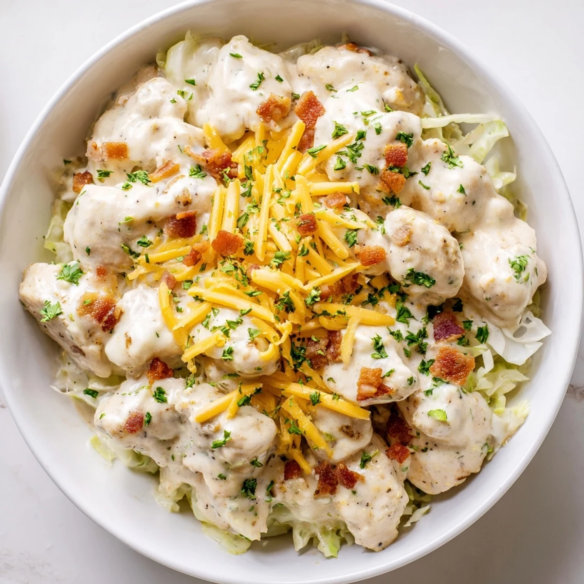 Creamy chicken bacon ranch cabbage bowls topped with crispy bacon and fresh green onions