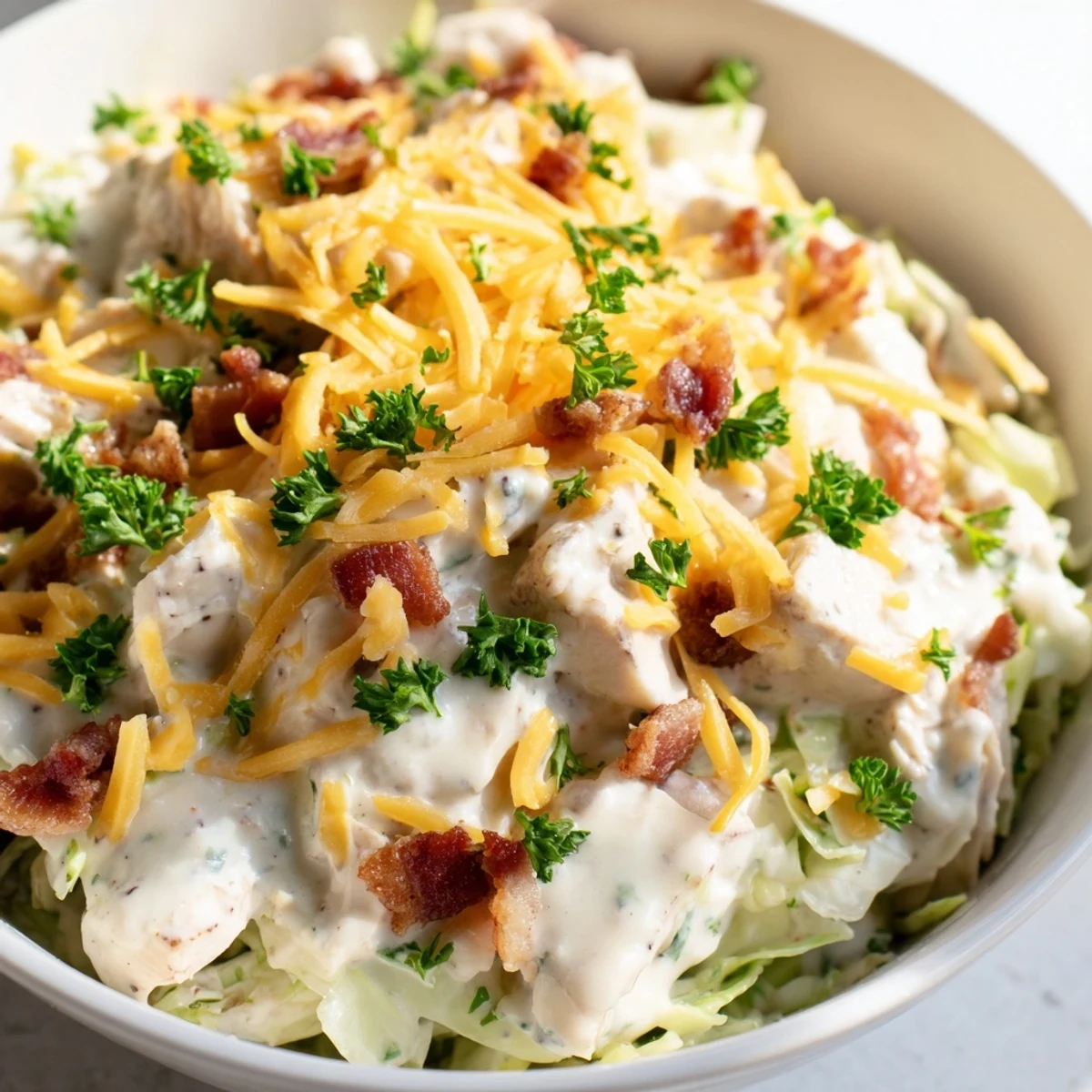 Tender chicken and crunchy cabbage coated in rich creamy chicken bacon ranch sauce