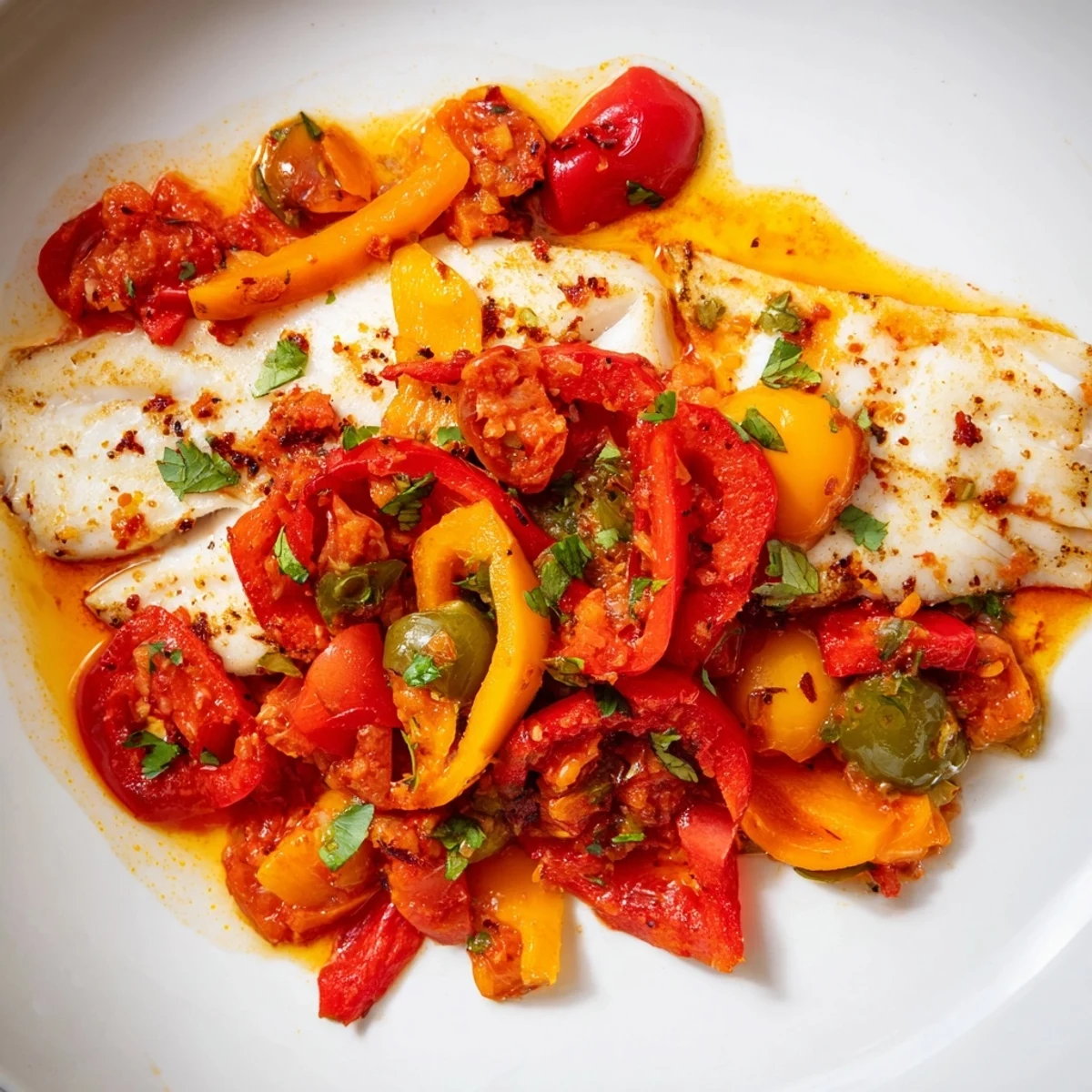 Golden tilapia fillets nestled in spicy roasted pepper skillet with vibrant red and yellow colors