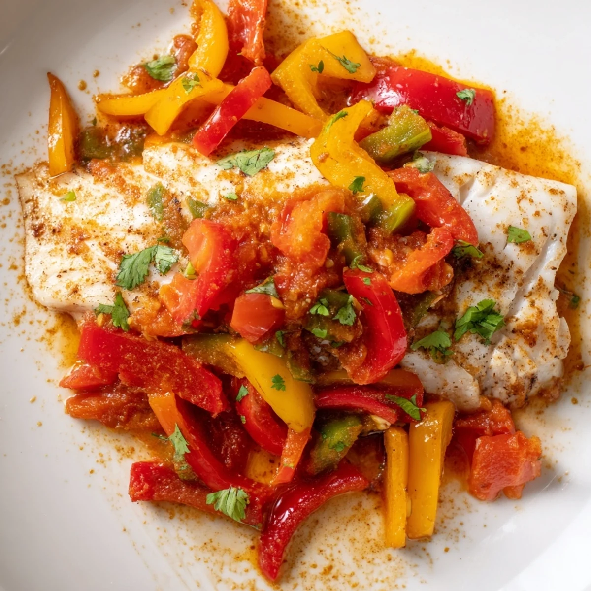 Spicy roasted pepper tilapia skillet garnished with fresh cilantro and lime for bright flavor